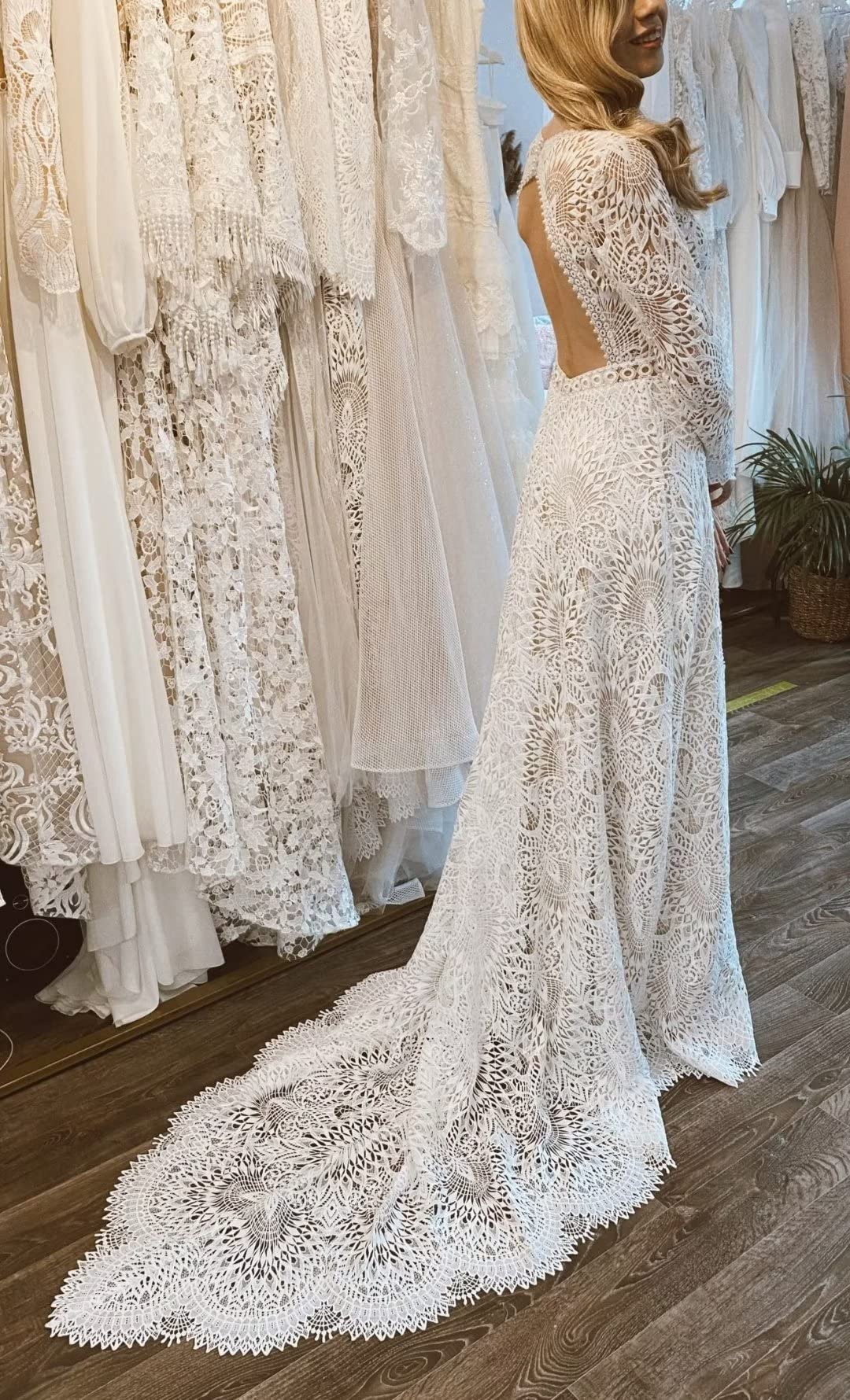 Boho Lace Wedding Dress for Women - Long Sleeve Mermaid Bridal Gown with Train | Elegant Bohemian Style for Beach, Garden & Vintage Weddings