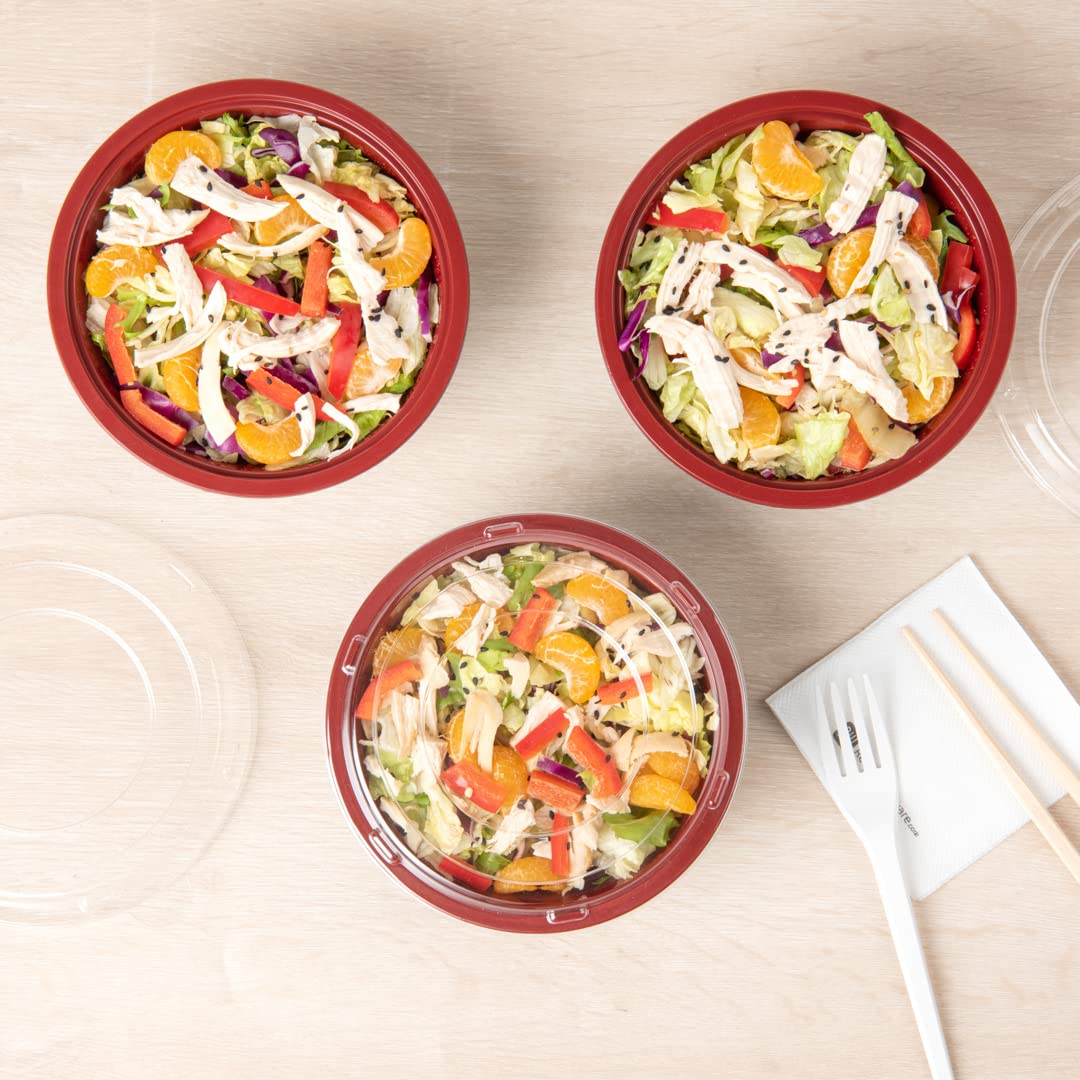 Restaurantware 18oz Disposable Food Containers - 200 Pack Salad Bowls with Lids, Microwave Safe Black & Red Plastic To-Go Bowls | Perfect for Asian Cuisine, Picnics, Takeout, Catering & Meal Prep