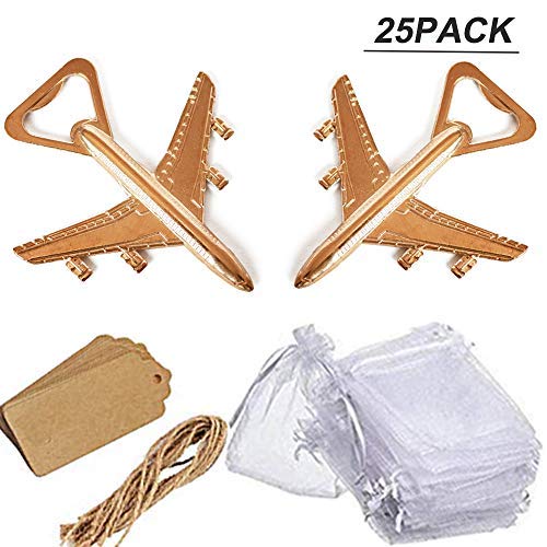 25 Pack Airplane Bottle Openers with White Sheer Favor Bags - Travel Theme Wedding Favors, Baby Shower Gifts, Party Supplies - Perfect for Adventure Themed Events, Bridal Showers & Travel Enthusiasts