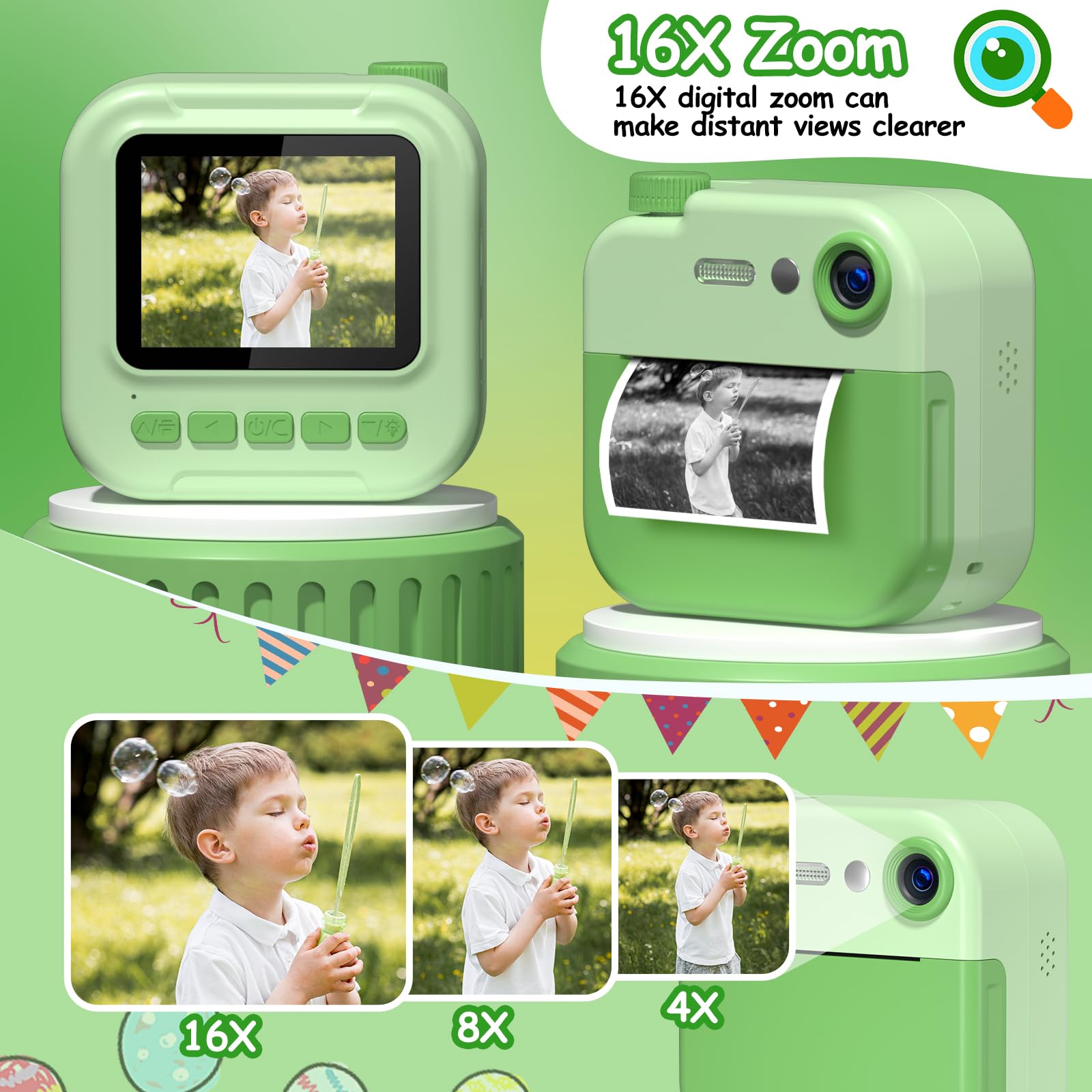 GREENKINDER 1080P HD 2.4 Inch Kids Instant Digital Camera with 32GB Memory Card, Print & Draw Kit - Best Birthday Gift for Boys & Girls Ages 3-12 - Perfect for Parties, Travel & Creative Learning