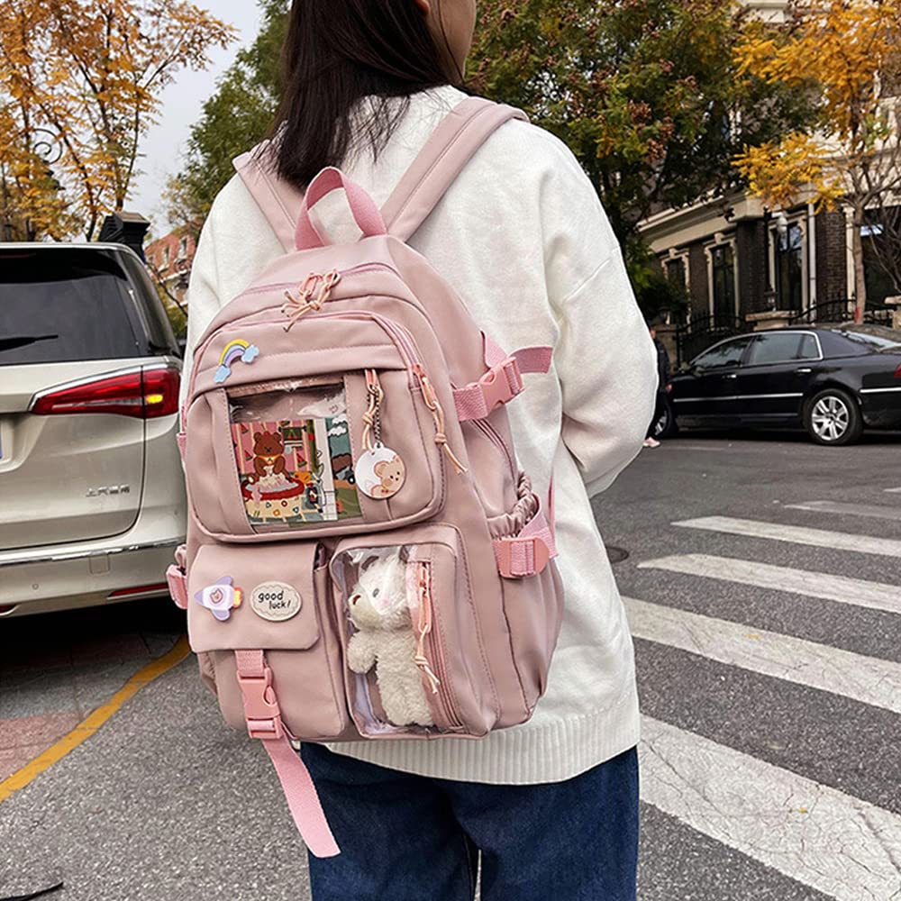 Preppy Kawaii Backpack for Girls with Pin & Accessories - School & Travel (Red)