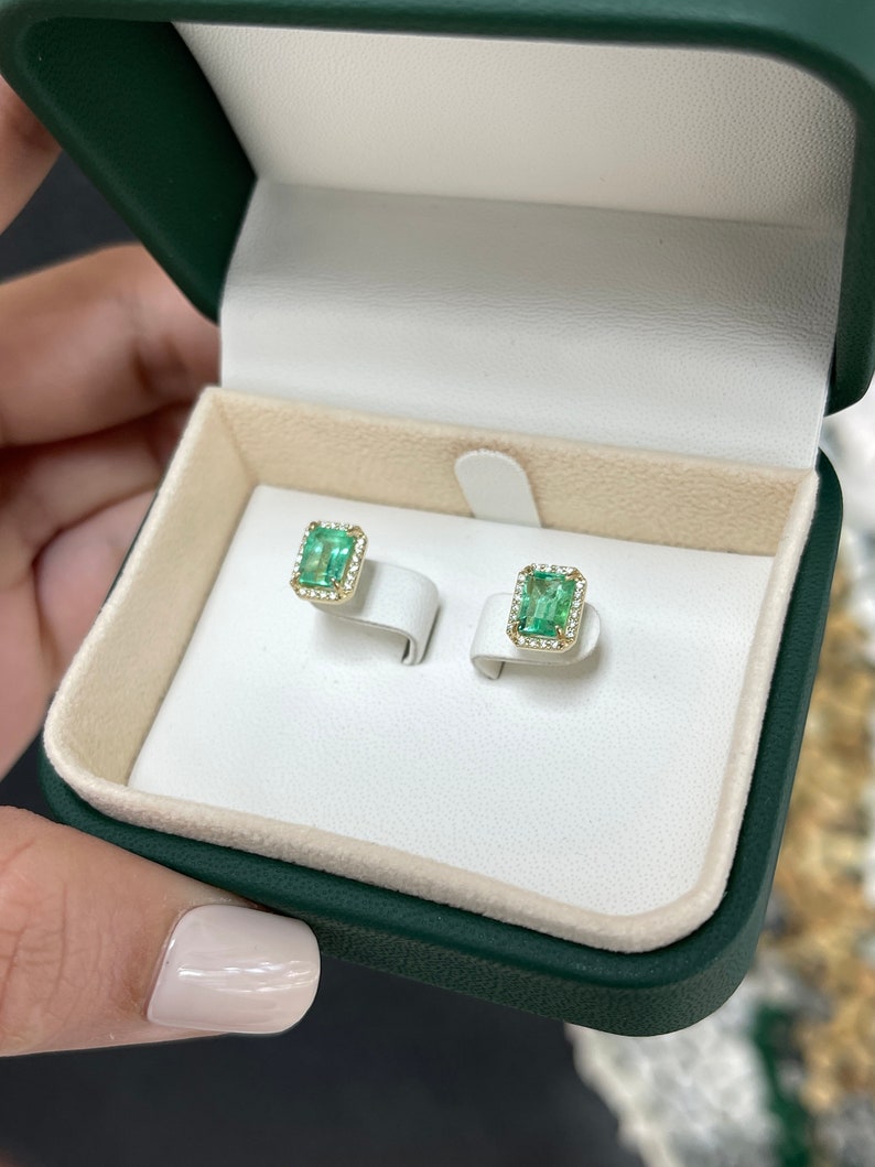 2.10tcw 14K Gold Classic 9x7mm Emerald Cut Natural Diamond Halo Stud Earrings - Perfect for Weddings, Anniversaries & Special Occasions