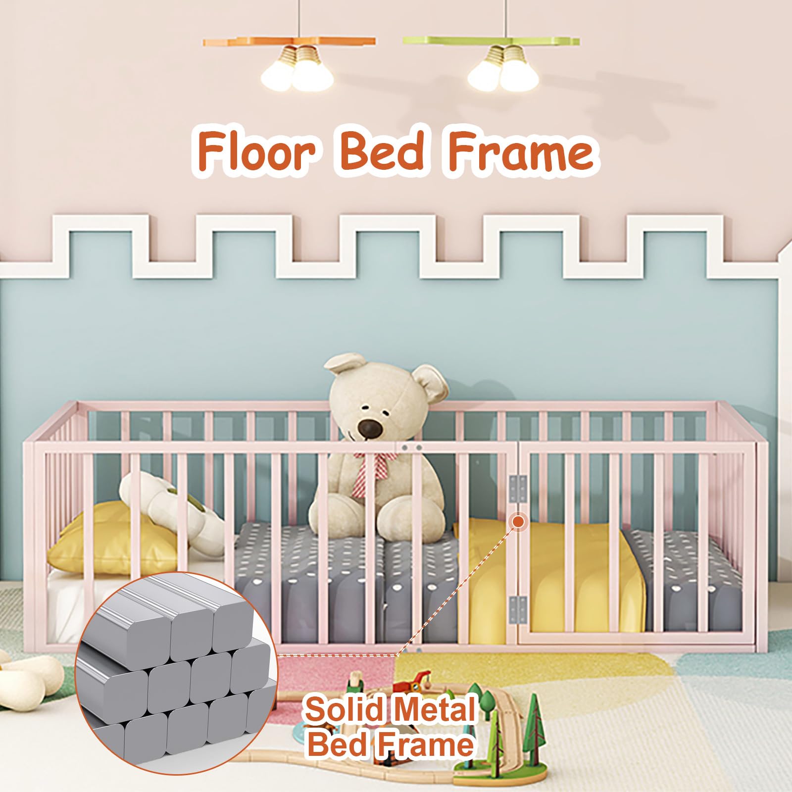 Montessori Twin Floor Bed with Safety Fence & Door - Metal Frame Kids Platform Bed with Rails for Boys & Girls - Perfect for Toddler Rooms & Play Areas