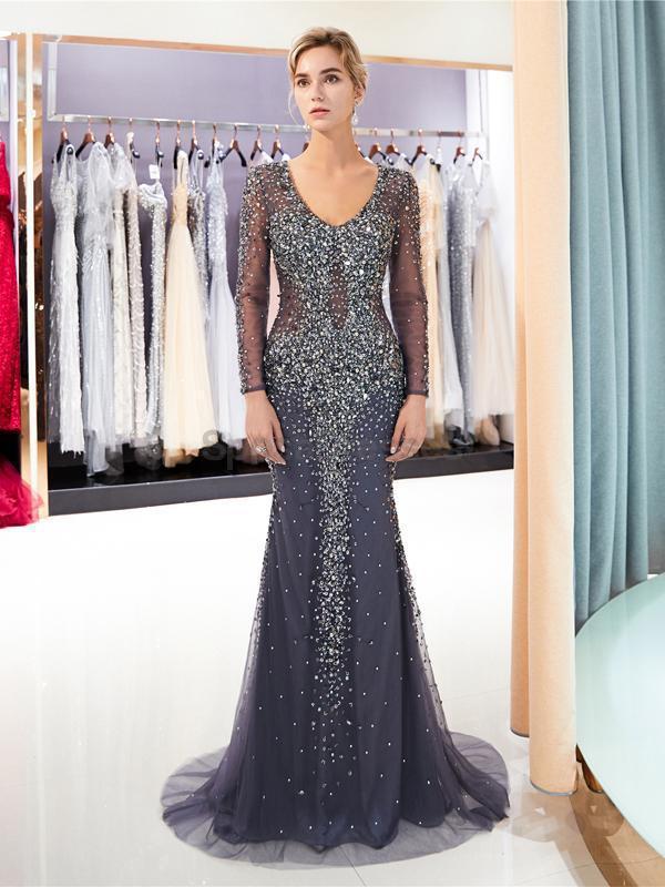 Elegant Navy Blue Rhinestone Beaded Mermaid Prom Dress with Long Sleeves - Formal Evening Gown for Homecoming, Ball, Wedding & Special Occasions