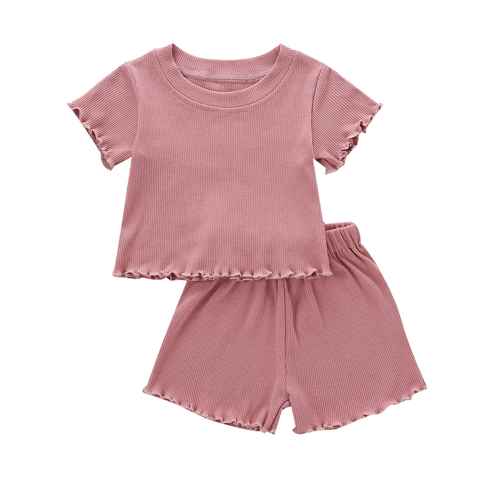 Baby Girls Summer Outfit Set - 2-Piece Cotton Ruffled Short Sleeve Shirt & Ribbed Shorts | Cute Infant Toddler Clothes for Playtime & Outdoor Activities