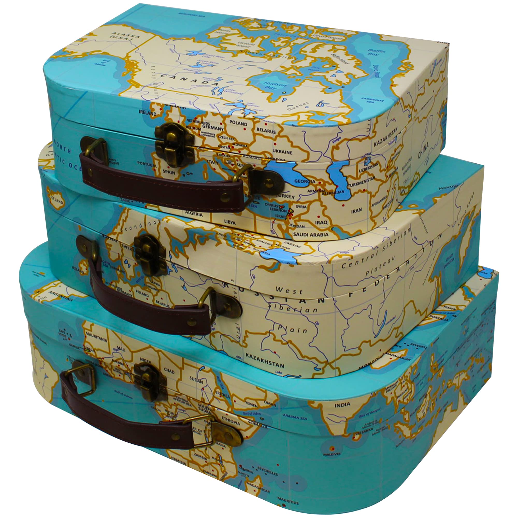 World Map Luggage Paperboard Storage Boxes (Set of 3) - Decorative Stackable Organizer for Jewelry, Keepsakes & Home Decor - Perfect for Bedroom Display, Party Decor & Travel Souvenir Organization - Blue Orchards Design