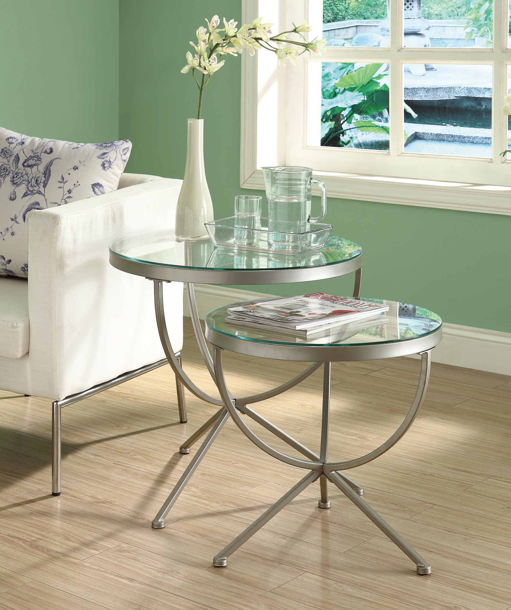 Monarch Specialties 3-Piece Nesting Table Set with Tempered Glass Top - Satin Silver Finish - Space-Saving Coffee & Side Tables for Living Room, Bedroom, or Office