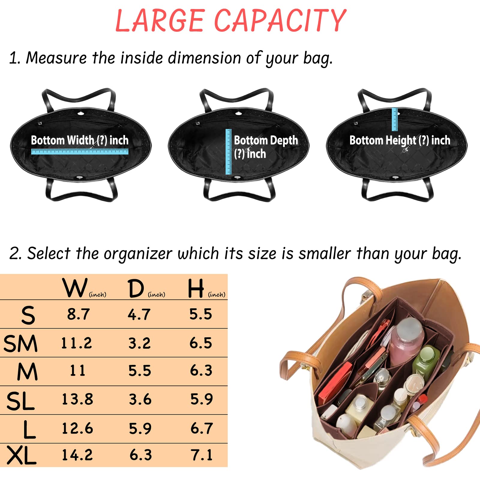 Felt Purse Organizer Insert with 14 Pockets - Small Brown Handbag Organizer for Tote Bags | Perfect for Travel, Work & Everyday Use