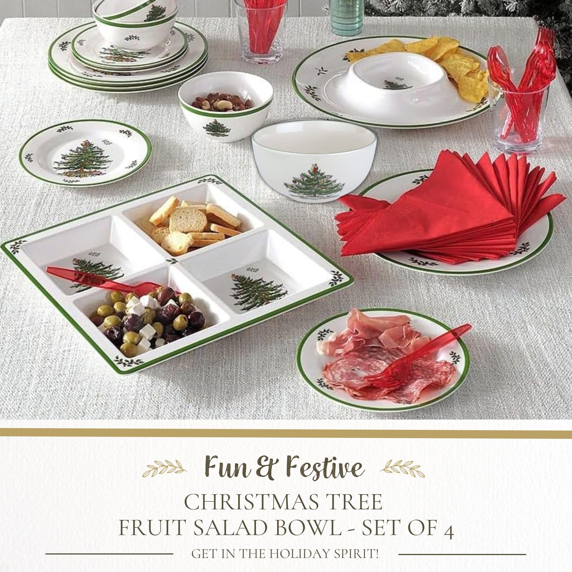 Spode Christmas Tree 5.5-Inch Fruit Salad Bowl Set of 4 - Classic Holiday Earthenware Serving Bowls for Cereal, Dessert, Christmas Treats - Microwave, Dishwasher & Oven Safe Tableware - Perfect for Holiday Parties, Family Gatherings & Festive Dining Decor