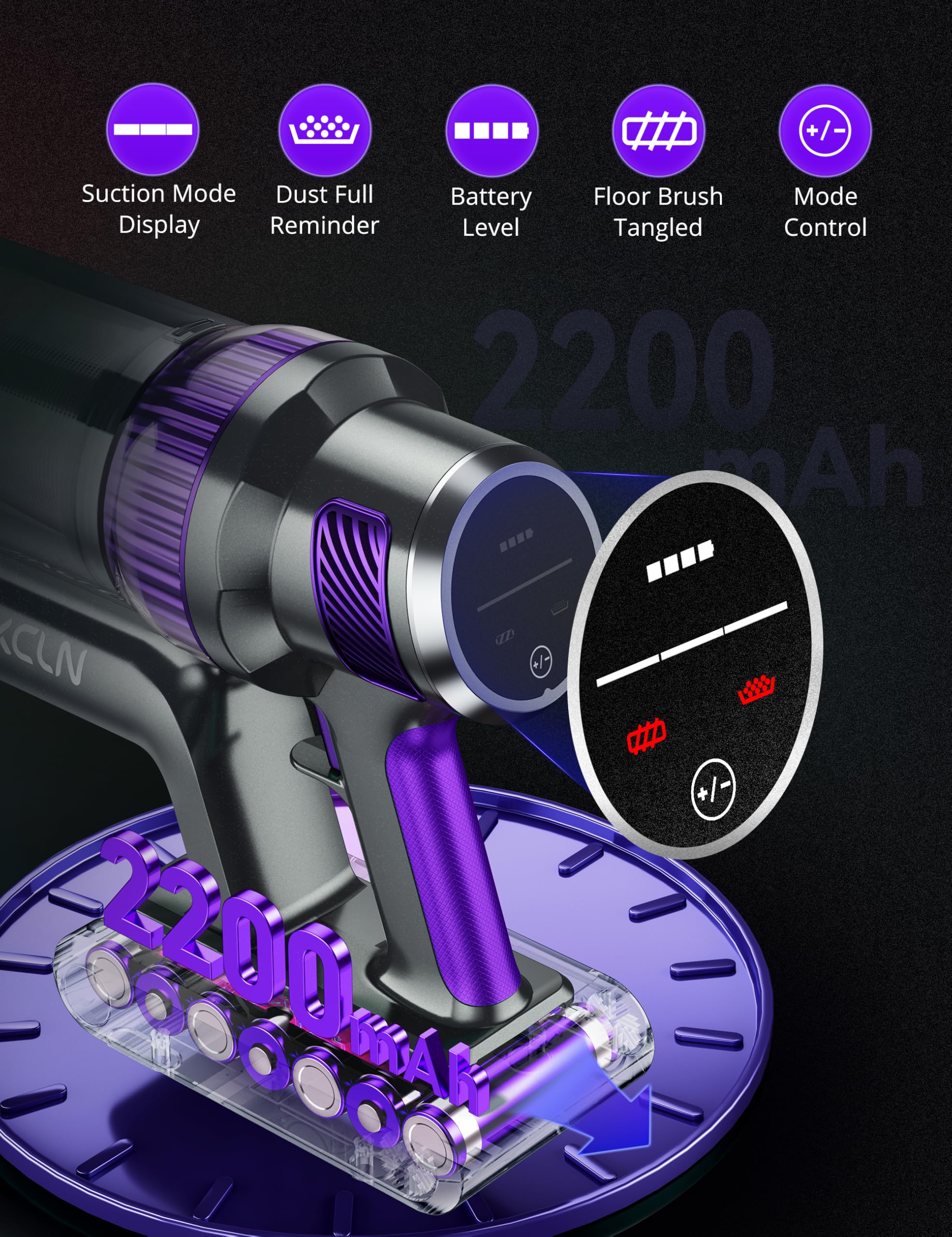 250W 30Kpa Powerful Cordless Stick Vacuum Cleaner - 90000 RPM Motor, LED Display, 3 Cleaning Modes, 40 Min Runtime - Rechargeable Handheld Vacuum for Pet Hair, Hardwood Floors & Carpets (Purple) - Perfect for Quick Cleanups & Deep Cleaning in Homes with Pets