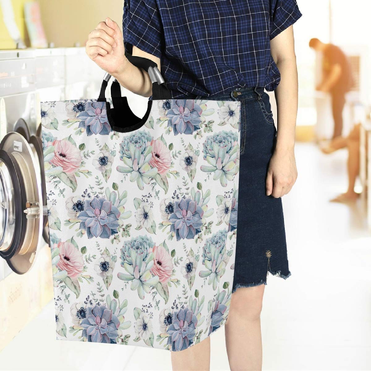 Visesunny Large Capacity Laundry Hamper Basket with Rose Succulent Print - Foldable Oxford Cloth Storage Organizer for Bedroom, Bathroom, Dorm & Kids Room - Perfect for Clothes, Toys and Home Organization