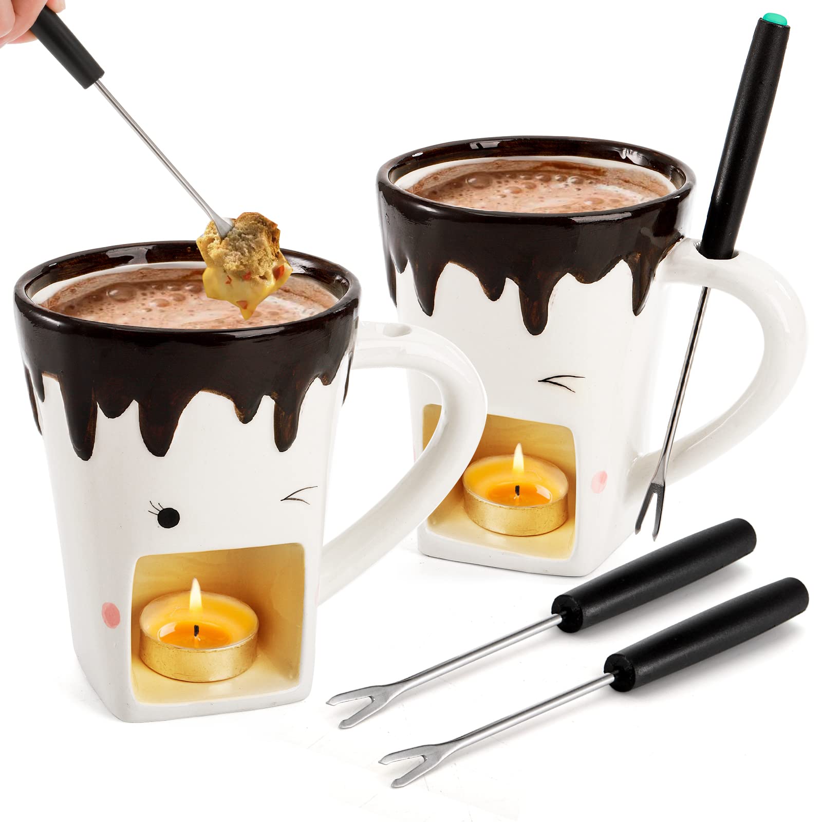 Set of 2 Ceramic Fondue Mugs with Forks - Personal Chocolate Melting Cup & Cheese Warmer - Mini Butter Warmer Pot with Tealight Candle - Perfect for Caramel, Tapas & Romantic Dinners
