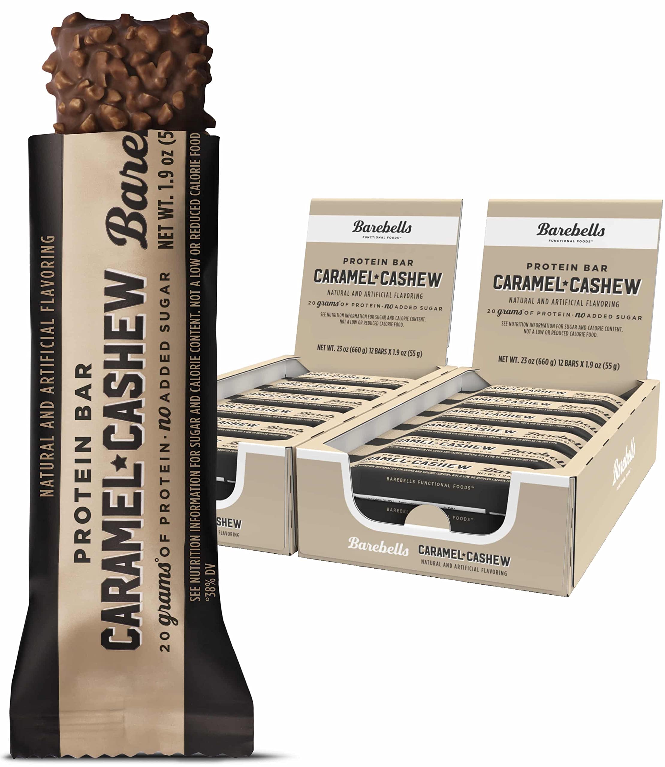 Barebells Protein Bars Caramel Cashew - 12 Count, Pack of 2 - High Protein Snack with 20g Protein & 1g Sugar - Low Sugar Chocolate Protein Bar - Perfect for Gym, Hiking, Travel & Breakfast On-The-Go