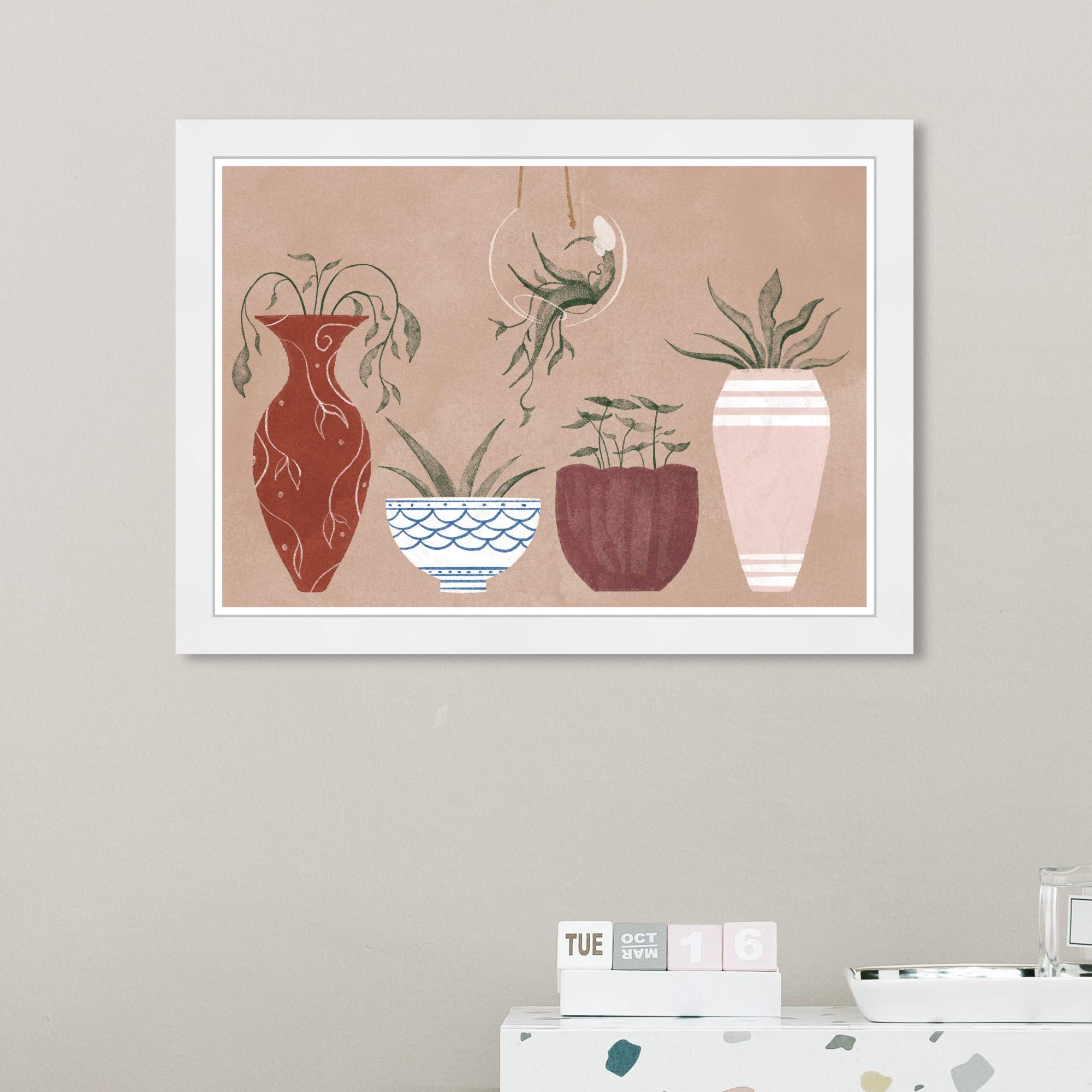 Wynwood Studio Floral Framed Wall Art Prints 'Her Favorite Pots' - Botanical Home Decor Painting, 19x13 Inches, Pink & Brown - Perfect for Living Room, Bedroom or Office Wall Decoration