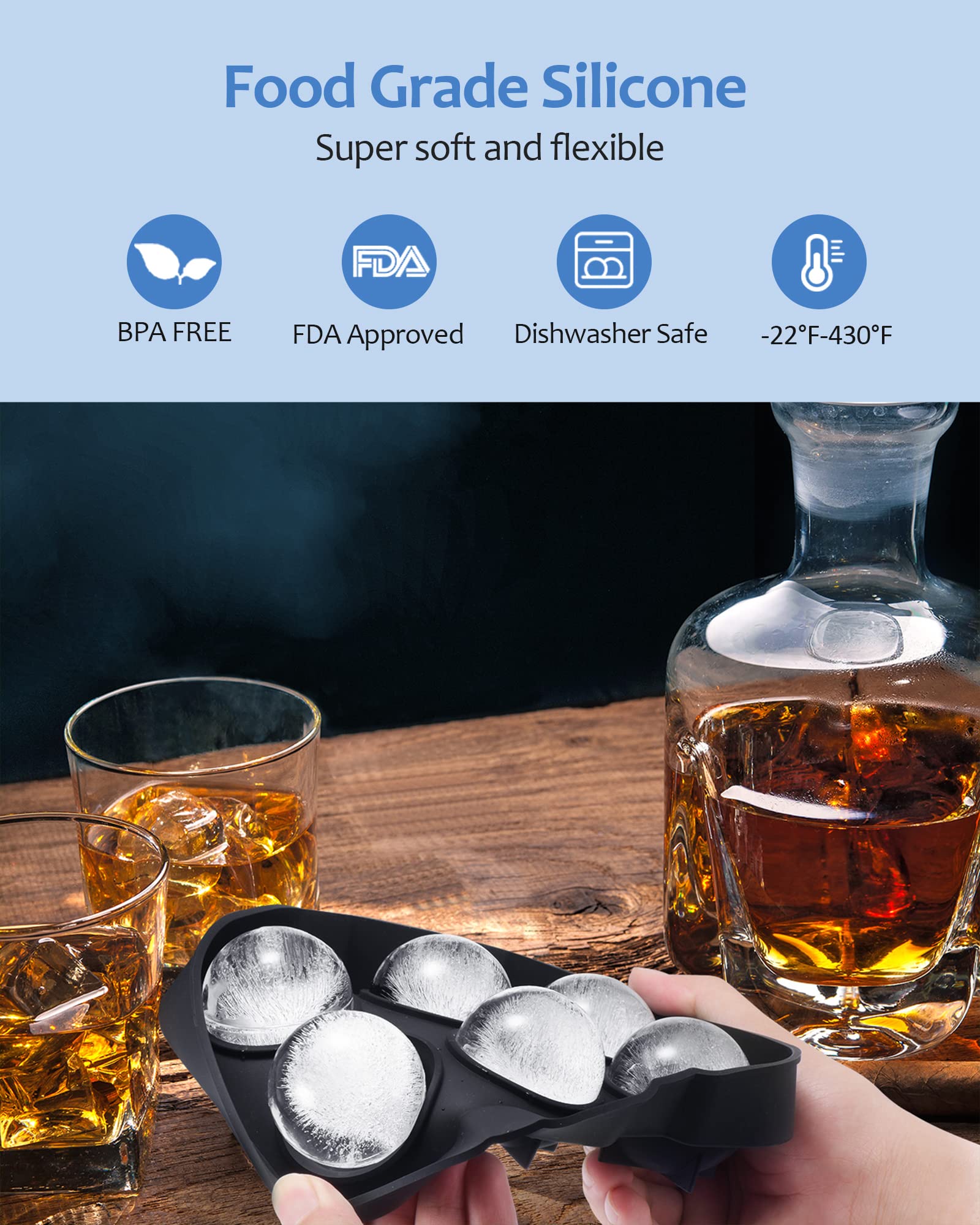 Premium Silicone Ice Cube Trays Set of 2 - Large Sphere Mold with Lid & Square Tray for Whiskey, Bourbon, Cocktails | Easy Release Freezer Safe Ice Ball Maker | Perfect for Home Bars, Parties, Gifts (Black)