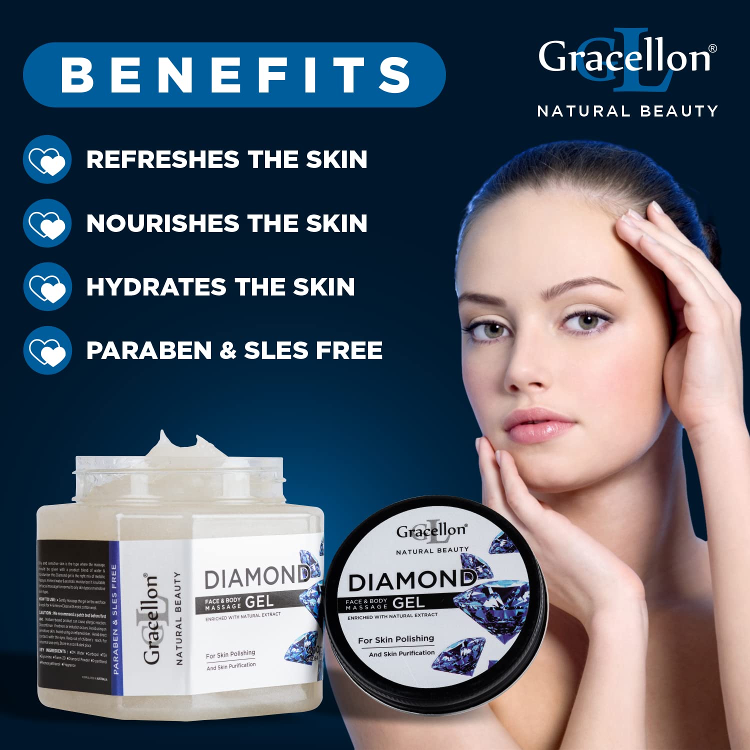Gracellon Diamond Face & Body Massage Gel - Hydrating & Nourishing Skin Care for Dry Skin, Paraben & SLES Free - Perfect for Spa, Home Relaxation & Post-Workout Recovery