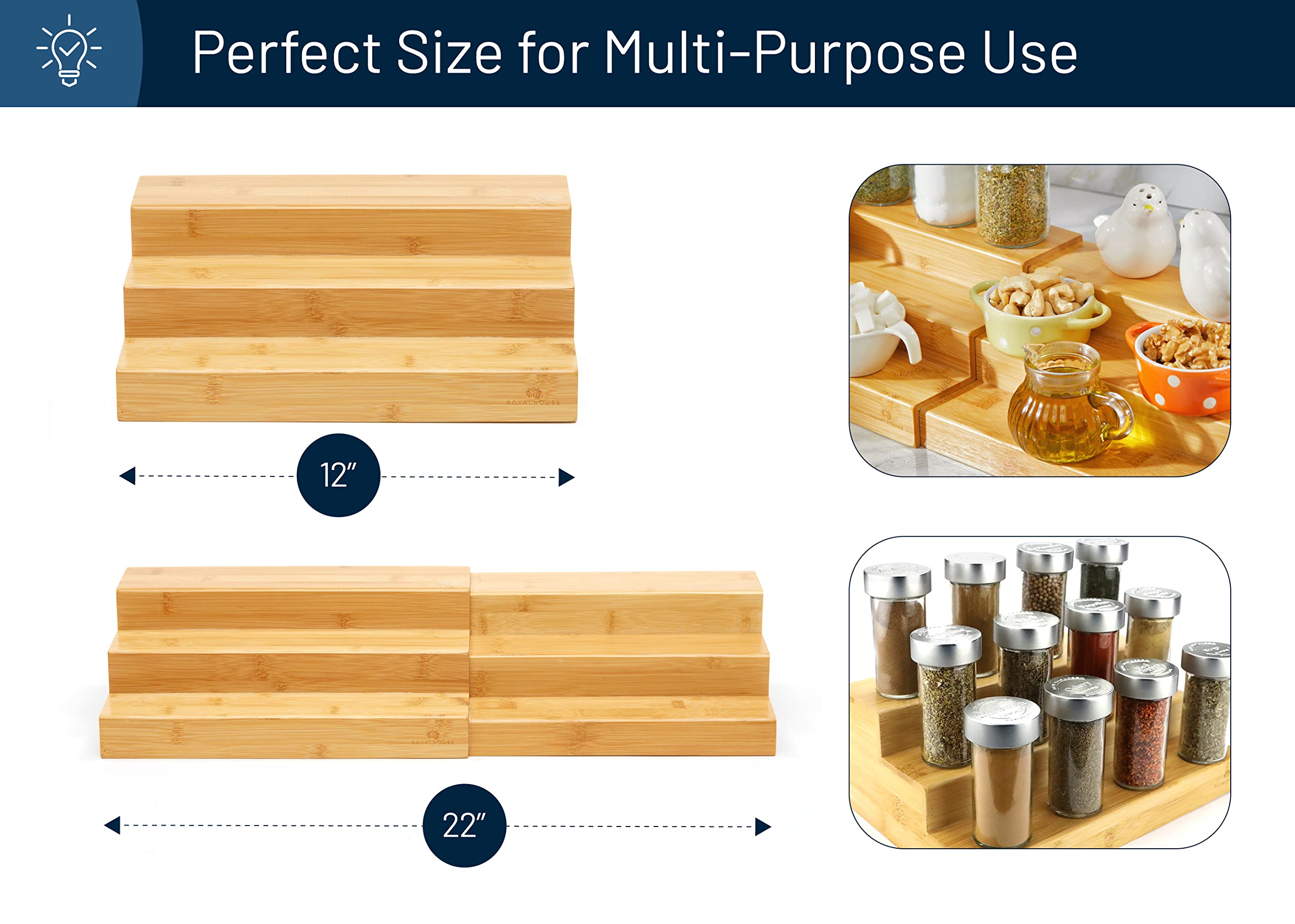 RoyalHouse Bamboo Expandable Spice Rack Organizer - 3-Tier Adjustable Kitchen Cabinet & Countertop Display Shelf - Space Saving Storage for Spices, Condiments, Cosmetics - Perfect for Kitchen, Pantry, Bathroom Organization (Sturdy & Eco-Friendly)