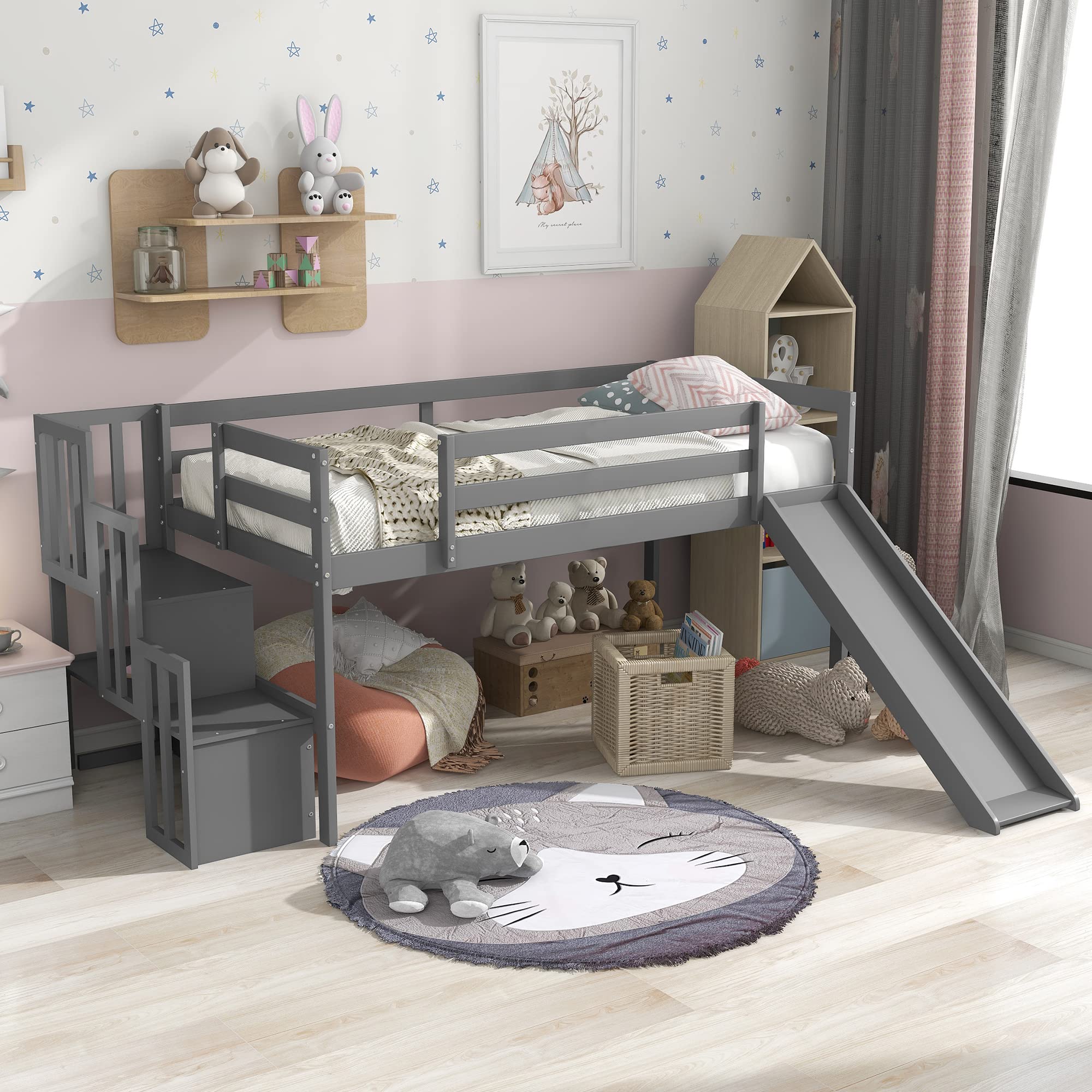 Merax Solid Wood Twin Size Low Loft Bed with Adjustable Slide & Staircase - Grey | Space-Saving Kids & Teens Bedroom Furniture | No Box Spring Needed | Perfect for Small Rooms, Dormitories & Apartments