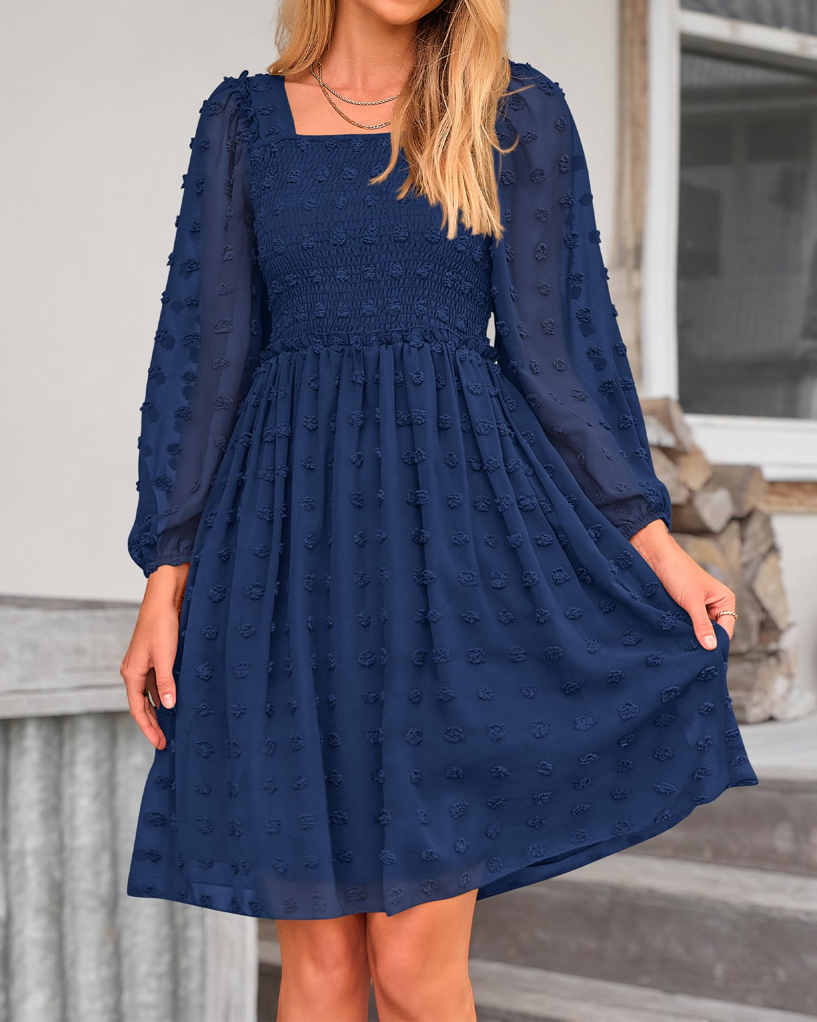 BTFBM Women's Floral Swiss Dot Smocked Mini Dress - Square Neck Long Sleeve Boho Style for Wedding Guest, Spring & Summer 2025 | Perfect for Garden Parties, Bridal Showers & Date Nights