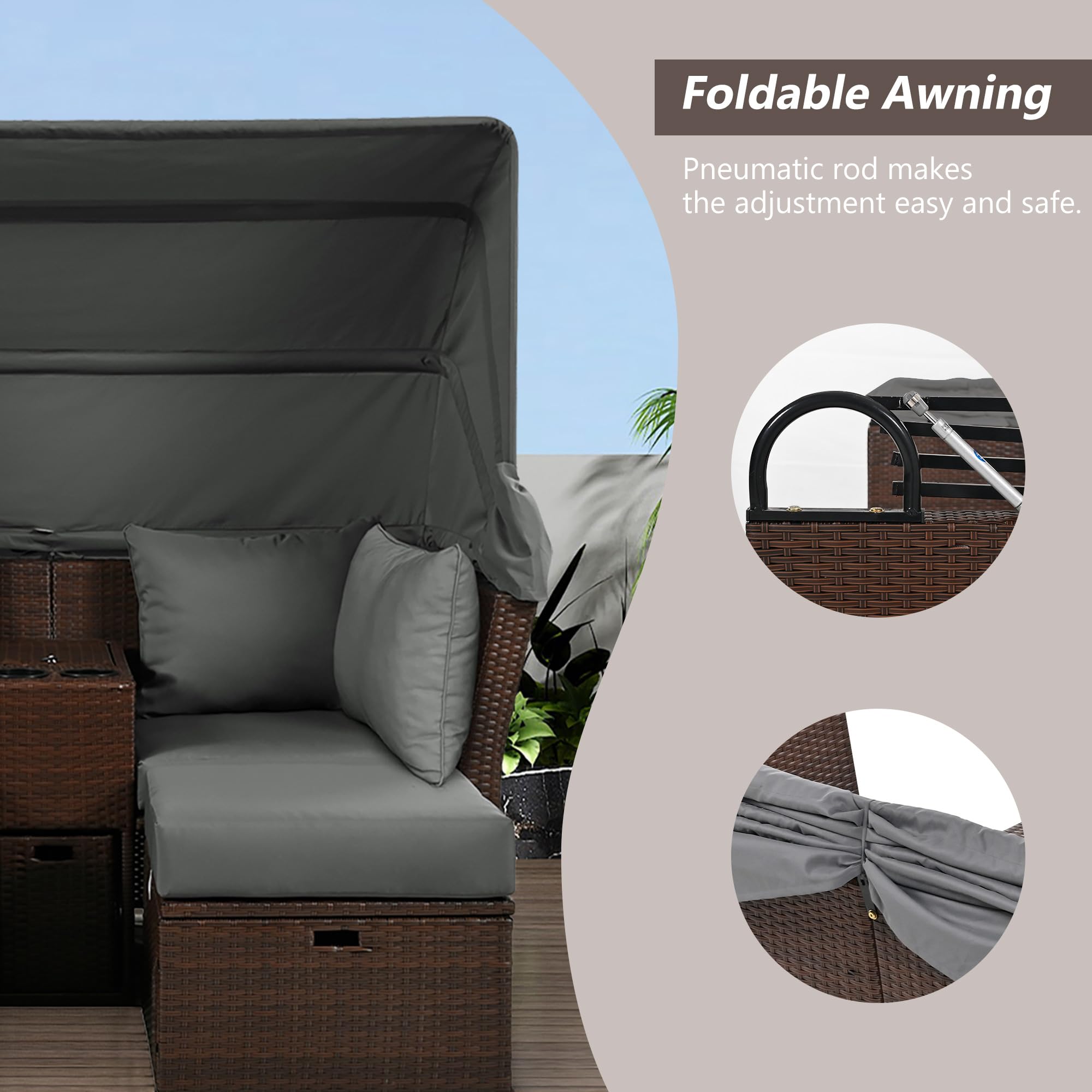 P PURLOVE Outdoor Loveseat Chaise Lounge with Canopy - 2-Seater Patio Double Daybed with Foldable Awning & Cushions - Water-Resistant Grey Outdoor Sofa Set for Garden, Backyard, Poolside & Patio Relaxation