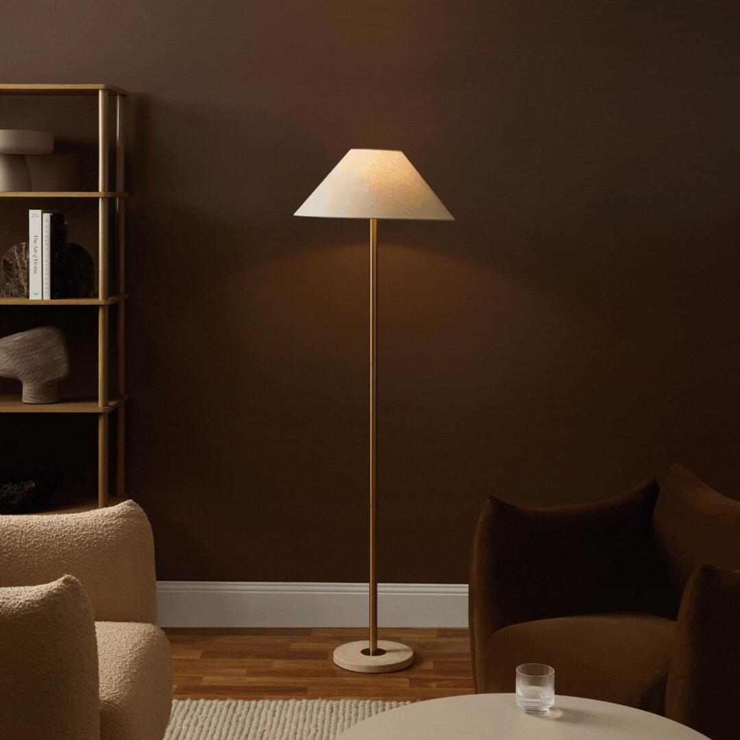Phoebe Travertine Base Floor Lamp - Modern Standing Light for Living Room, Bedroom & Office - Dimmable LED Floor Lamp with Natural Stone Base