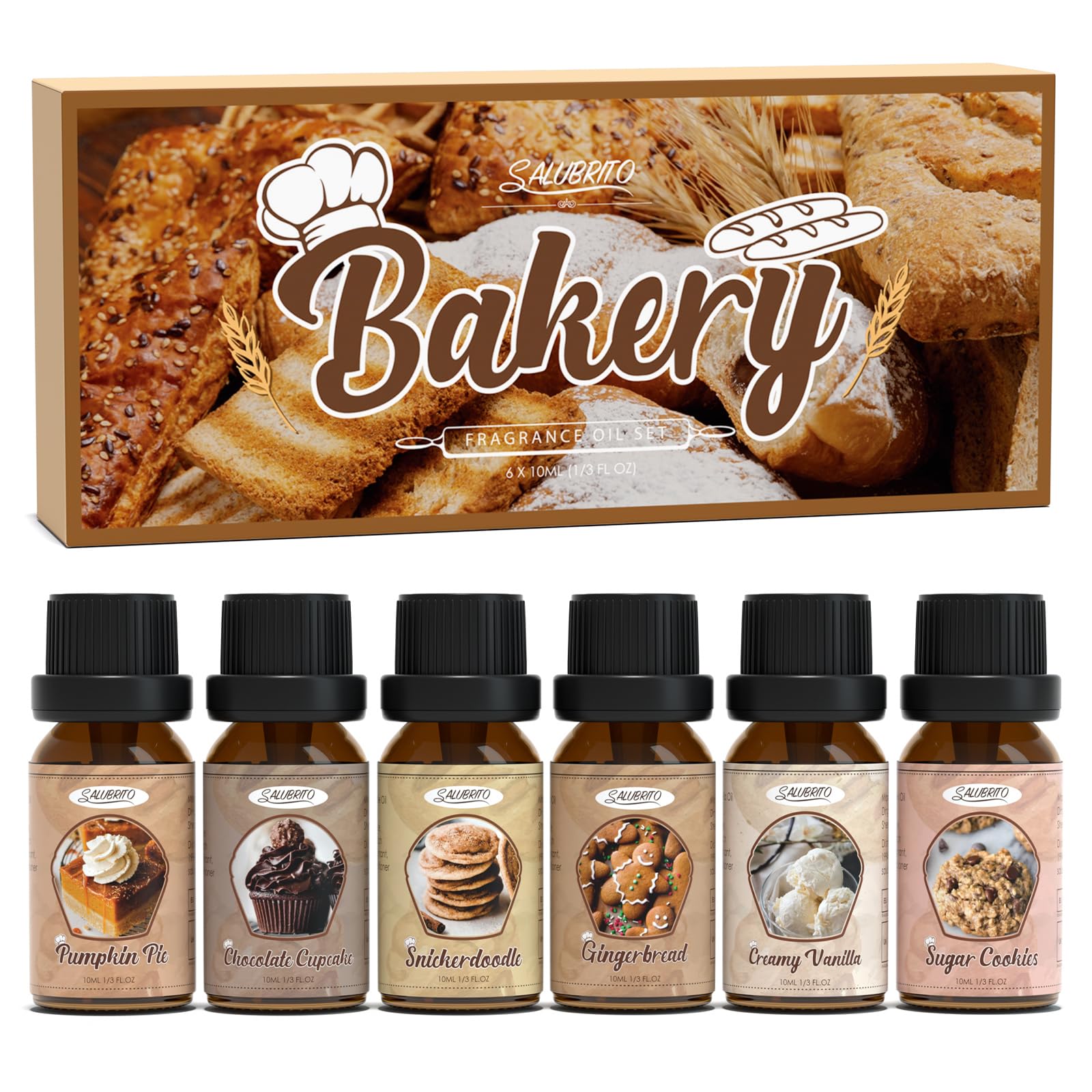 Premium Bakery Fragrance Oils Set - Pumpkin Pie, Chocolate Cupcake, Snickerdoodle, Gingerbread, Creamy Vanilla, Sugar Cookies Scents for Candle Making, Soap Crafting & Diffusers - Perfect for Home, Spa and DIY Gift Projects
