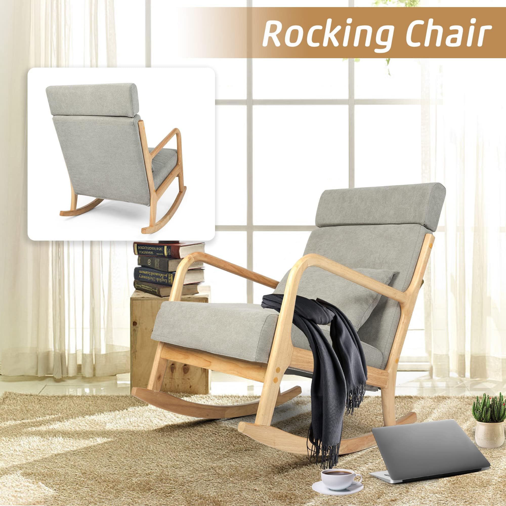 **Solid Wood Glider Rocking Chair with High Back – Upholstered Nursery & Living Room Accent Chair – Grey Linen Fabric for Nursery, Bedroom & Relaxation**    *(Perfect for Nurseries, Living Rooms, Bedrooms & Cozy Relaxation Spaces)*