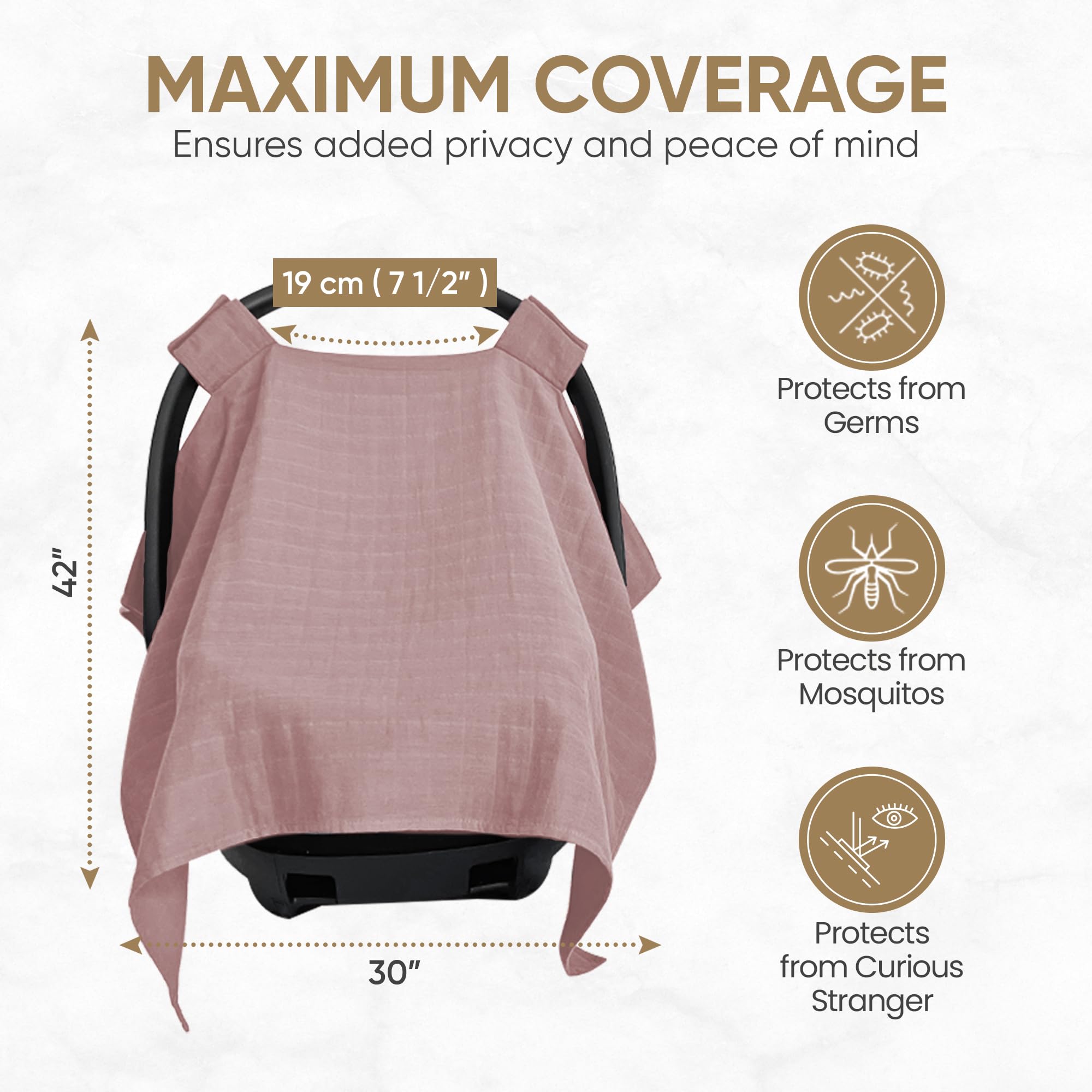 MOZAH 100% Organic Muslin Baby Car Seat Cover - Breathable, Soft & Lightweight Car Seat Canopy for Infant Girls (Pale Mauve) | Perfect for Strollers, Shopping Carts & Outdoor Protection