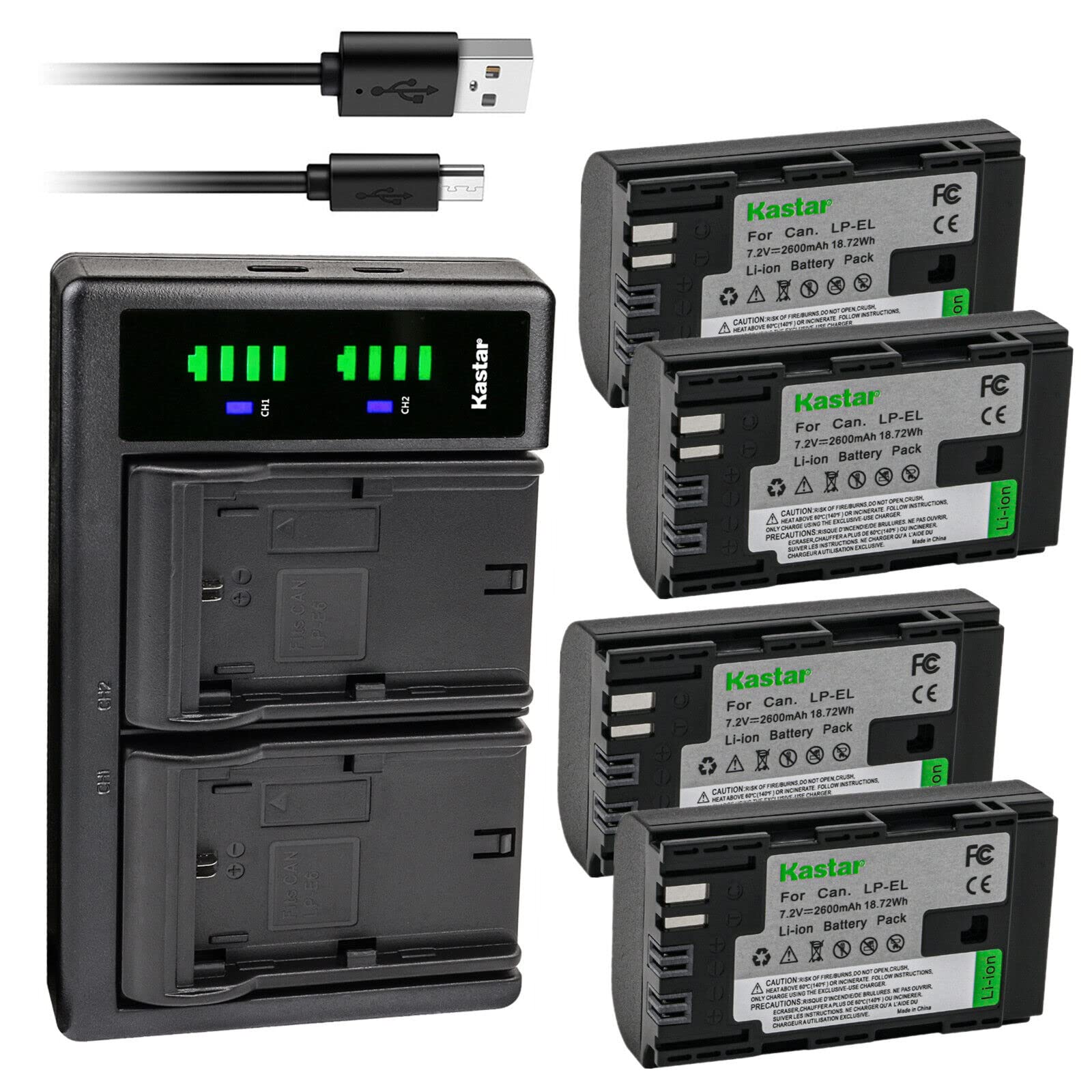 Kastar LP-EL Rechargeable Battery 4-Pack with LTD2 Charger - Compatible with Canon LP-EL Lithium-Ion Battery, Canon 4307C002, Speedlite EL-1 Flash & E-TTL II - Perfect for Professional Photography & Studio Lighting