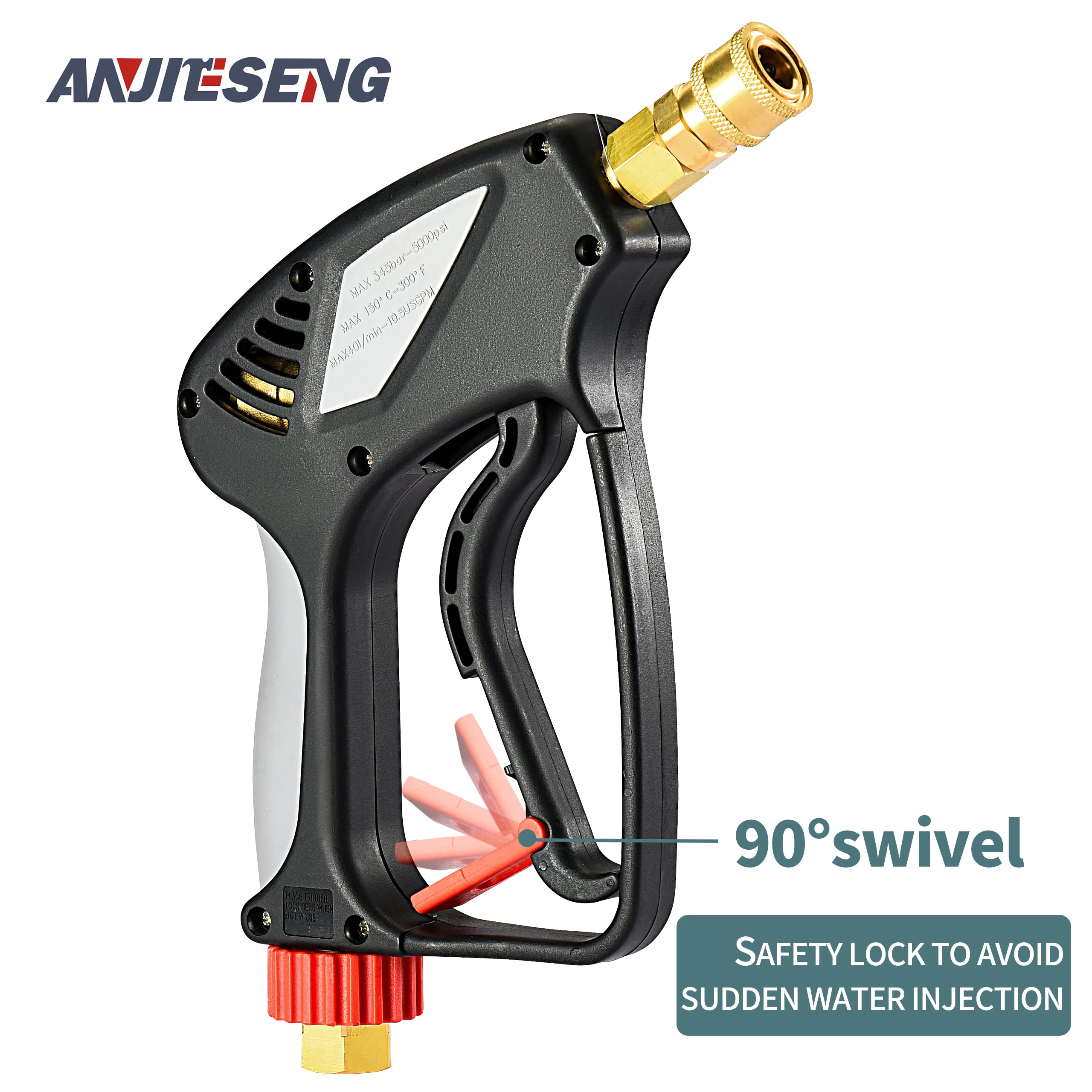 High-Performance 5000 PSI 10.5 GPM Pressure Washer Gun with 360° Swivel, 3/8
