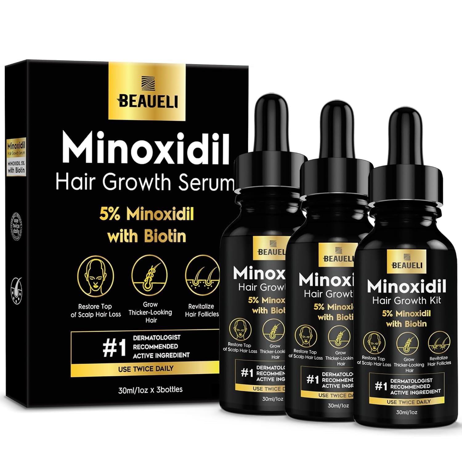 5% Minoxidil Hair Growth Treatment for Men & Women - Extra Strength Hair Loss Serum for Faster, Stronger, Thicker Hair - 3 Pack (1oz Bottles) - Perfect for Daily Use & Revitalizing Thinning Hair at Home