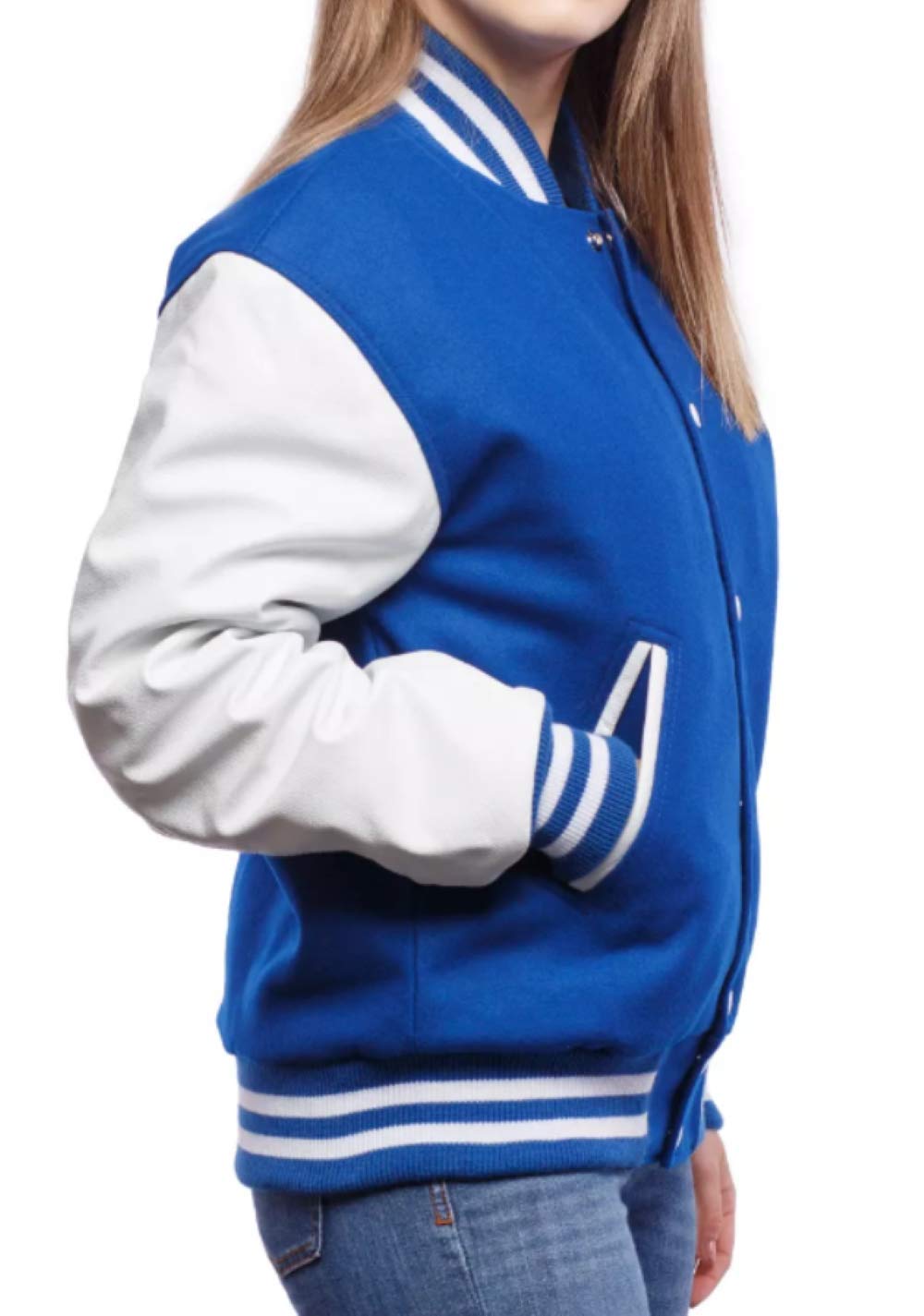 Royal Blue & White Leather Women's Varsity Jacket - Baseball Letterman Bomber School Jacket with Wool Body | Perfect for College, Sports Events & Casual Streetwear