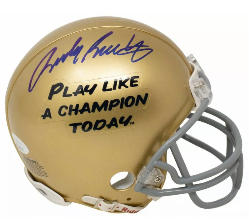 Rudy Ruettiger Autographed Notre Dame 'Play Like A Champion Today' Mini Football Helmet - Signed Collectible for Sports Fans & Memorabilia Enthusiasts - Perfect for Man Cave, Office Decor, or Gift for Notre Dame Alumni