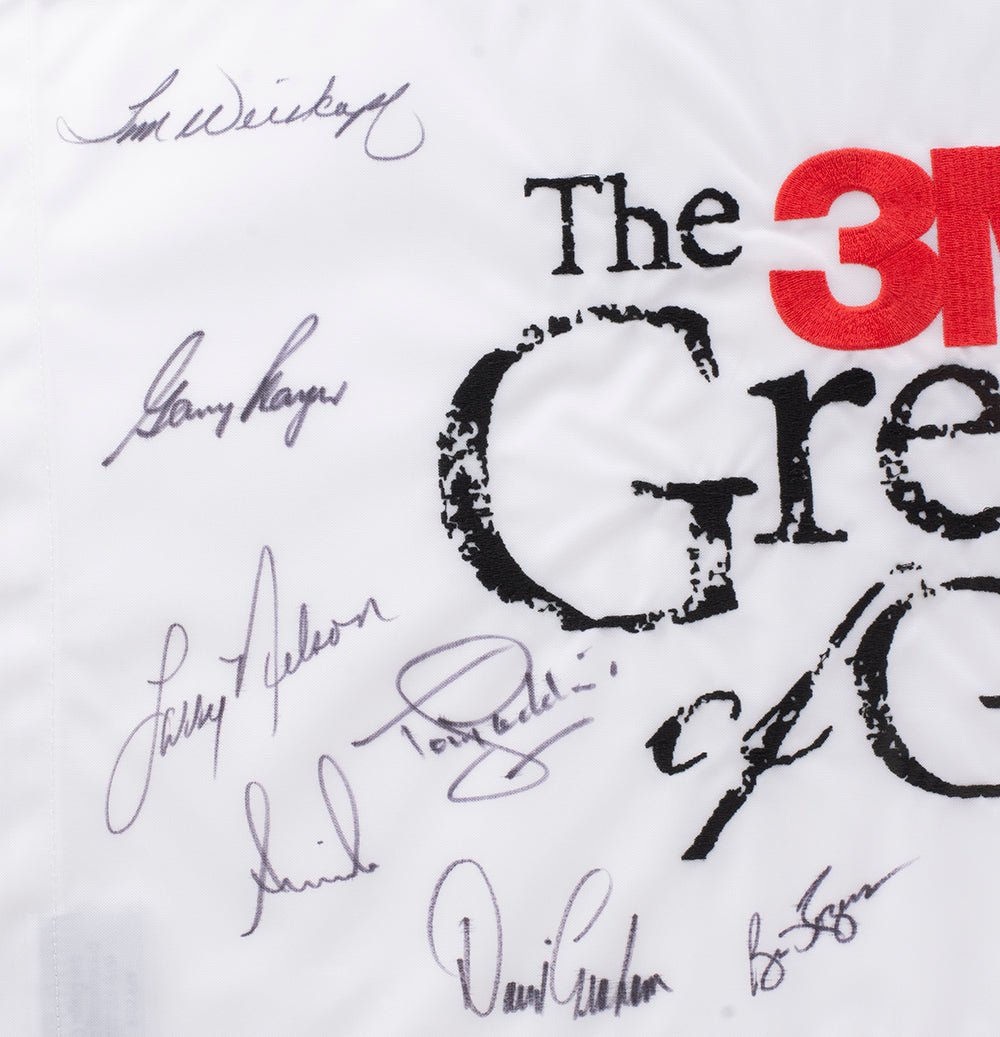 Authentic Multi-Signed Framed 3M Greats of Golf Flag with Jack Nicklaus & Gary Player Signatures +10 BAS LOA - Perfect for Golf Memorabilia Collectors & Man Cave Decor
