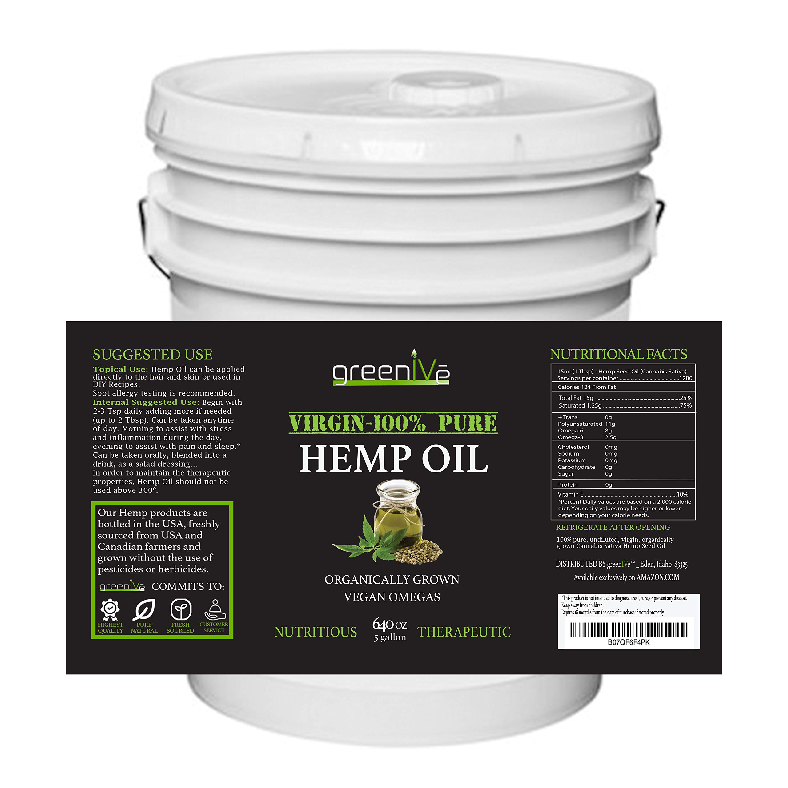 GreenIVe Cold Pressed Hemp Seed Oil - 640oz Vegan Omega 3 6 9 Supplement for Heart & Brain Health - USDA Organic Plant-Based Oil for Cooking, Smoothies & Skin Care - Available Exclusively on Amazon