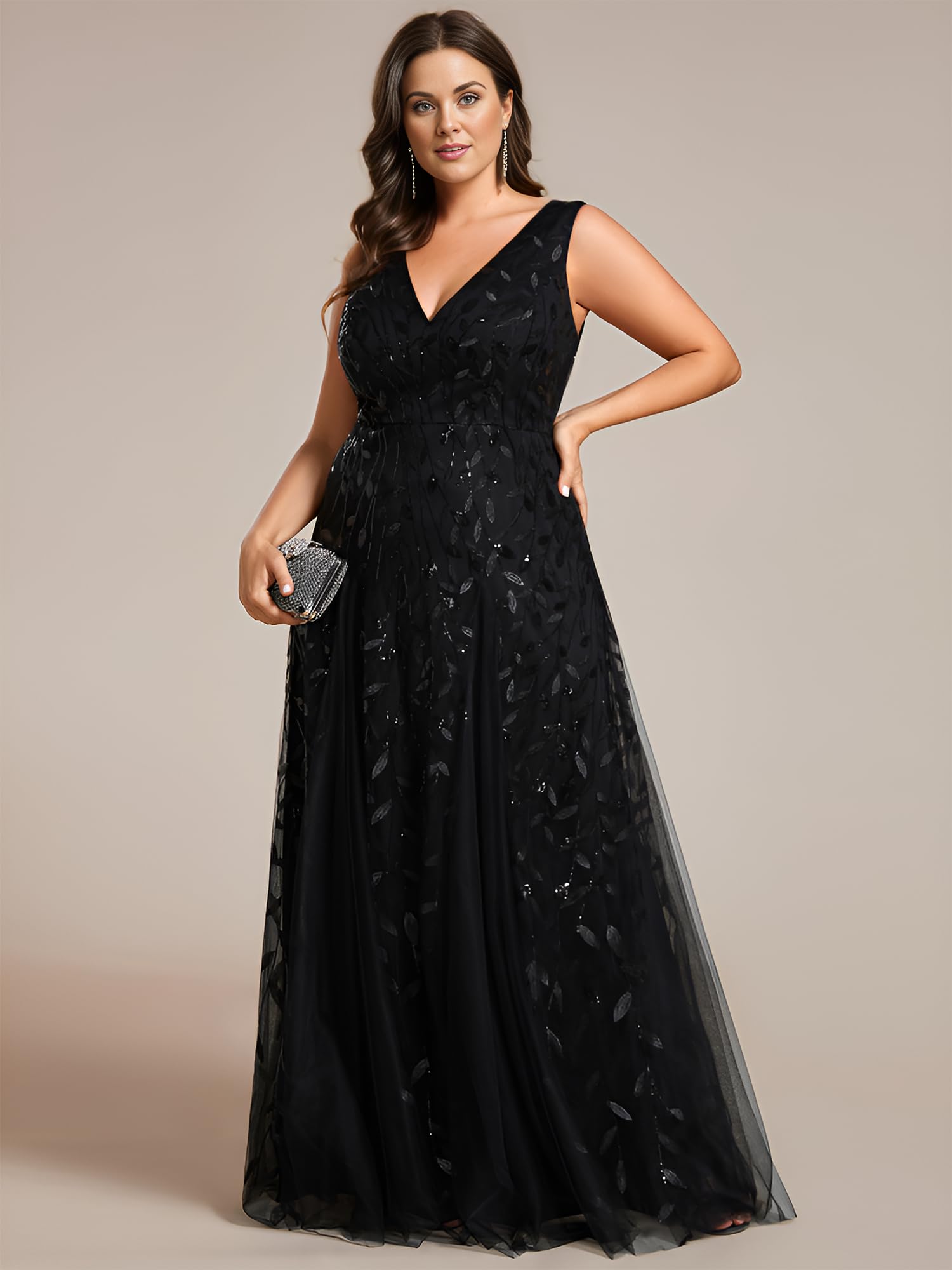 Ever-Pretty Women's Plus Size V-Neck A-Line Sleeveless Sequin Embroidered Formal Dress for Prom, Evening Gala & Special Occasions