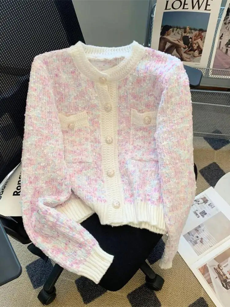 Vintage Rainbow Knitted Cardigan for Women - French Fashion Round Neck Long Sleeve Sweater | Perfect for Autumn Winter Outfits & Casual Office Wear