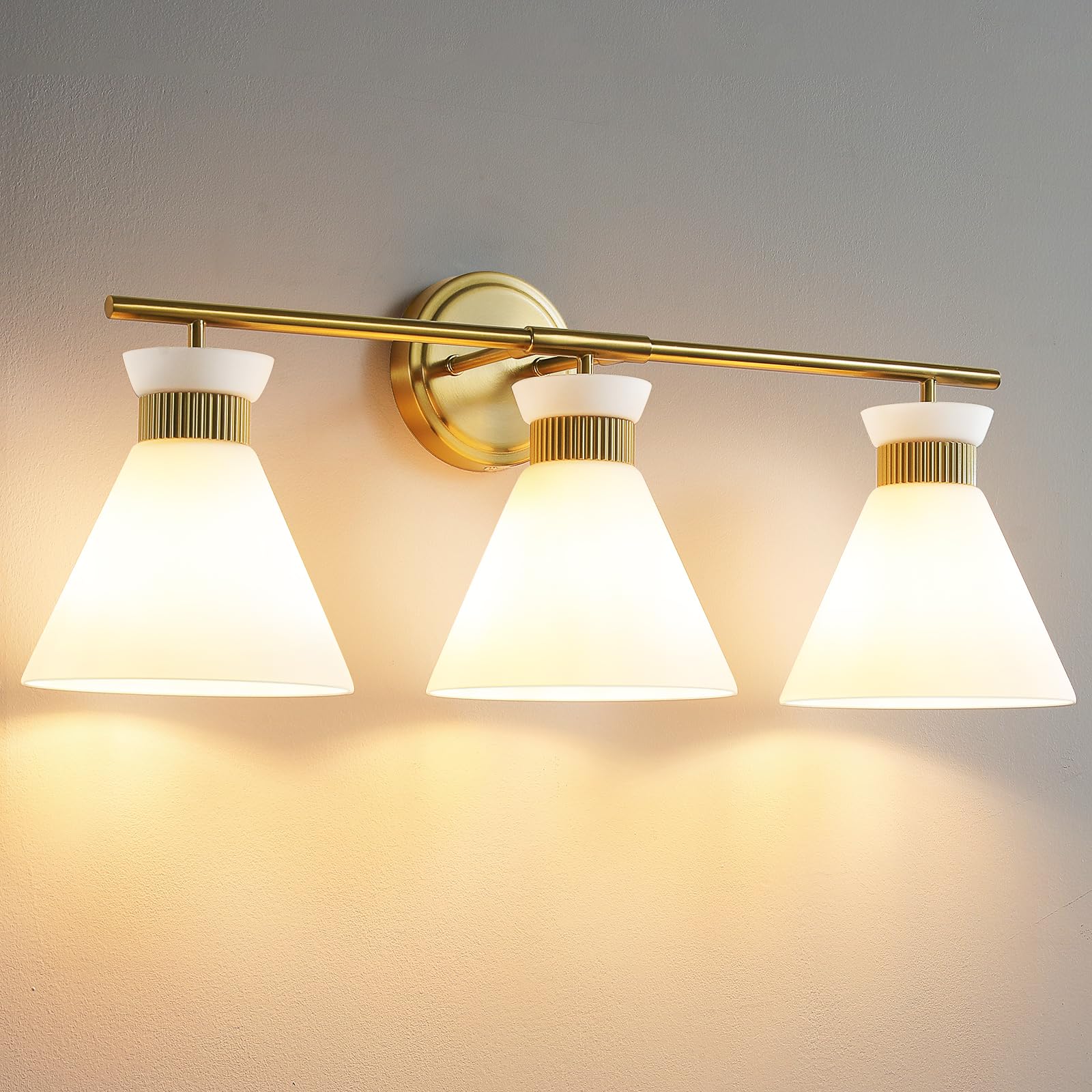 WOSHITU 3-Light Mid Century Modern Bathroom Vanity Light Fixtures - Brushed Gold Wall Sconce with Frosted Milky Glass Shade for Bathroom Mirror Lighting | Perfect for Bathroom, Living Room & Bedroom Décor