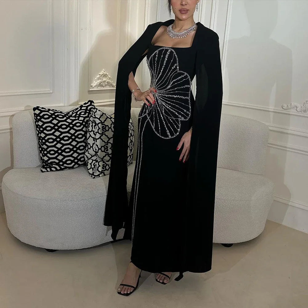 Elegant Black Luxury Beaded Arabic Evening Dress with Cape Sleeves LA72461 - Perfect for Weddings, Galas & Special Occasions