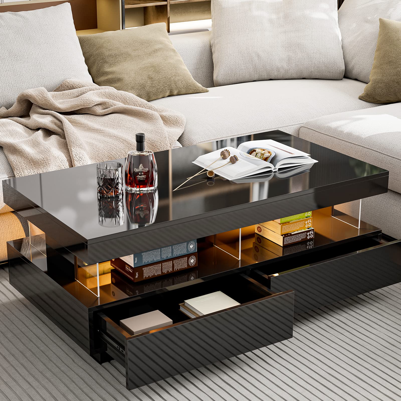 Modern Black Coffee Table with LED Lights & Storage Drawers - Living Room Centerpiece