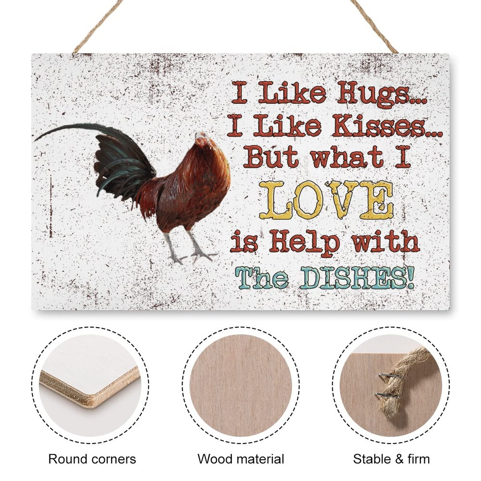 Rustic Rooster Wooden Wall Art - Funny Chicken Coop Decor Sign 'I Like Hugs & Kisses But Love Help with Dishes' - 10x16 Inch Farmhouse Kitchen Decor for Country Homes, Perfect for Farmyard, Kitchen & Dining Room Wall Decoration