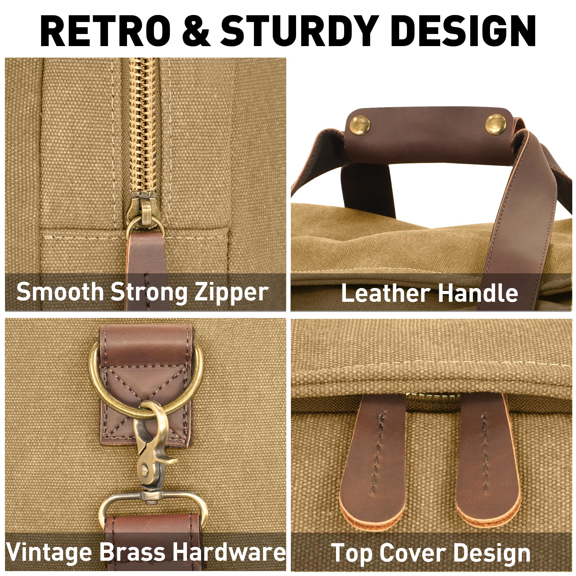 50L Waxed Canvas Duffle Bag for Men - Vintage Genuine Leather Travel Duffel, Weekender Overnight Backpack with Shoes Compartment (Khaki, Large) - Perfect for Gym, Business Trips & Weekend Getaways