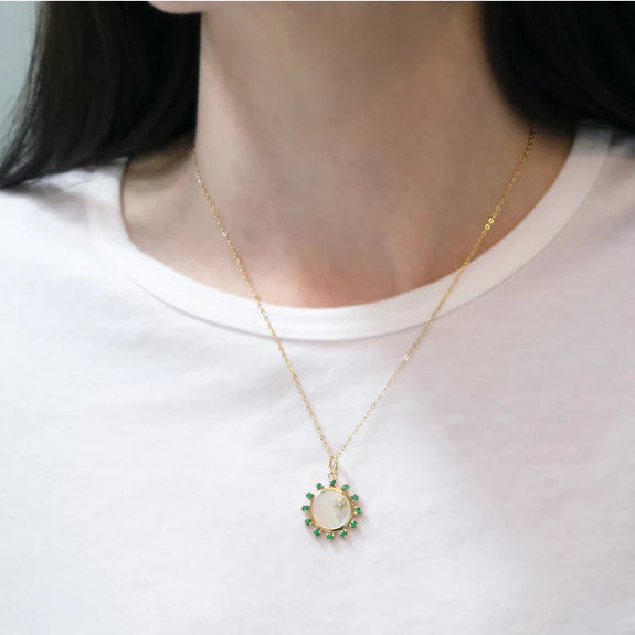 Mini Mother of Pearl Emerald Happiness Sun Charm Pendant with Diamond Star Accent - Elegant Jewelry Gift for Women, Perfect for Birthday, Anniversary & Special Occasions