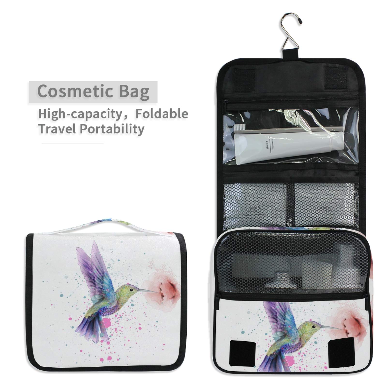 Hupery Watercolor Hummingbird Hanging Travel Toiletry Bag - Waterproof Cosmetic Pouch & Makeup Organizer for Women, Men, Girls - Perfect for Camping, Gym, Beach Trips & Air Travel