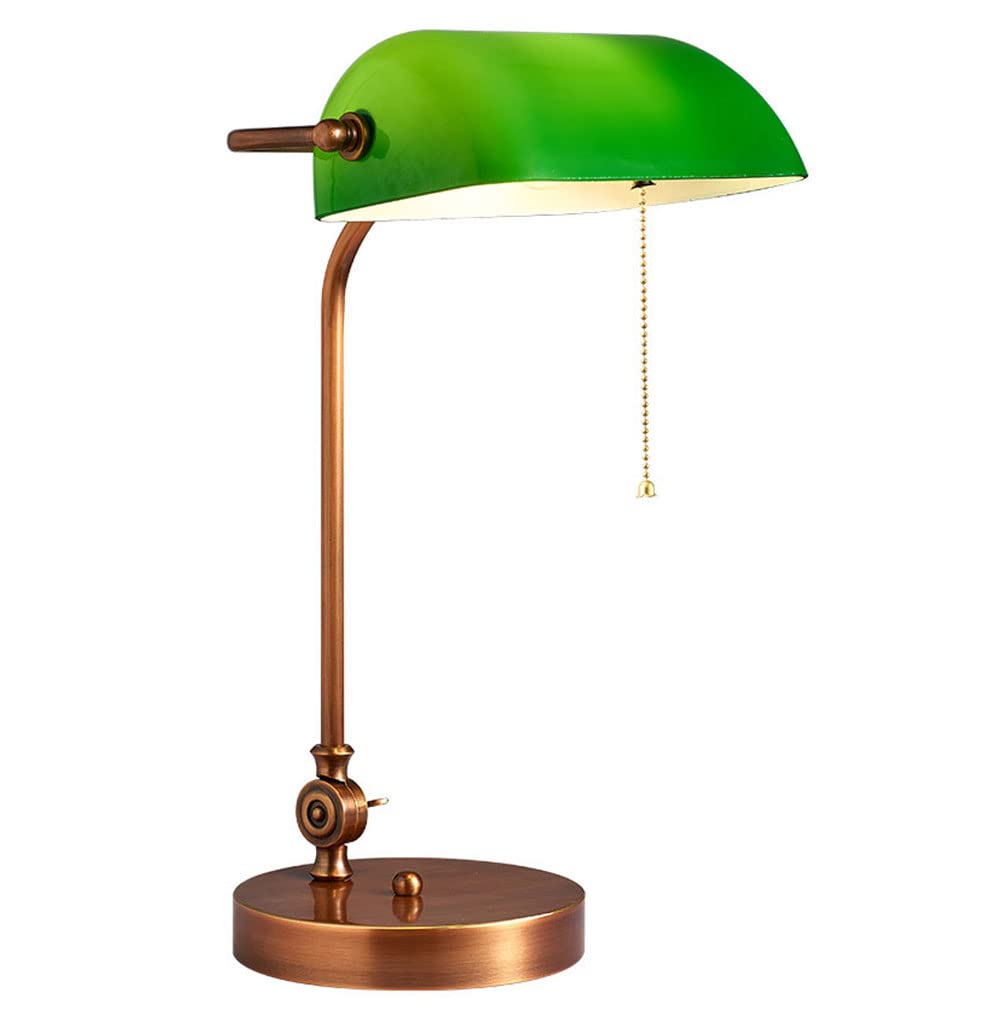 Vintage Emerald Green Glass Banker Desk Lamp with Copper Base - Adjustable 360° LED Reading Light, Pull Chain Switch, E27 Bulb Compatible - Perfect for Home Office, Study Room & Bedside Nightstand Lighting (Model-G)