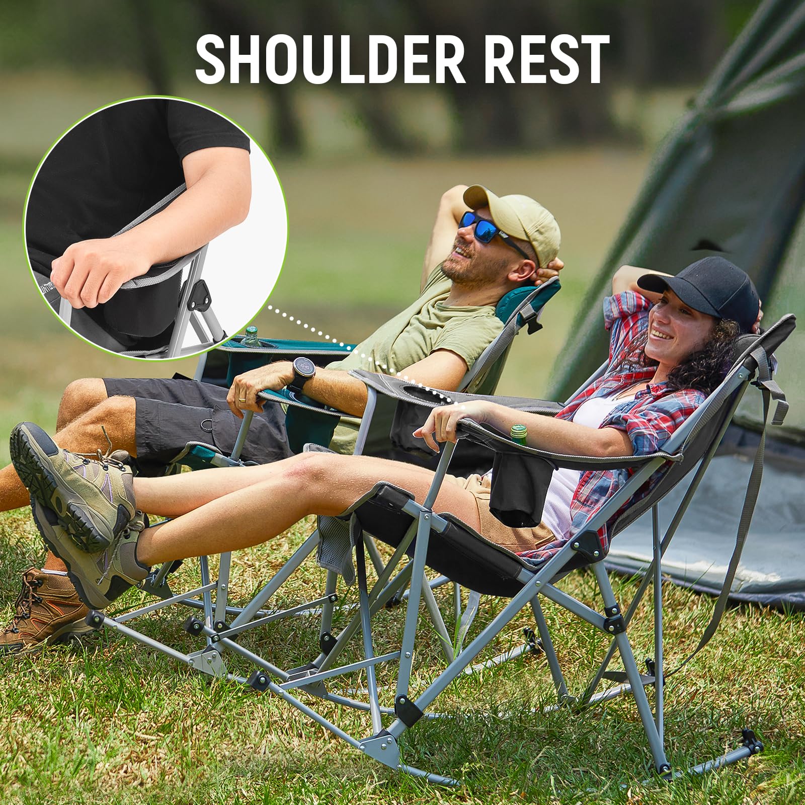 Portable Folding Rocking Camping Chair for Adults - Lightweight Outdoor Rocker Chair with Side Pocket for Picnic, Backyard, Patio, Lawn & Garden - Perfect for Camping Trips, Beach Outings and Outdoor Concerts