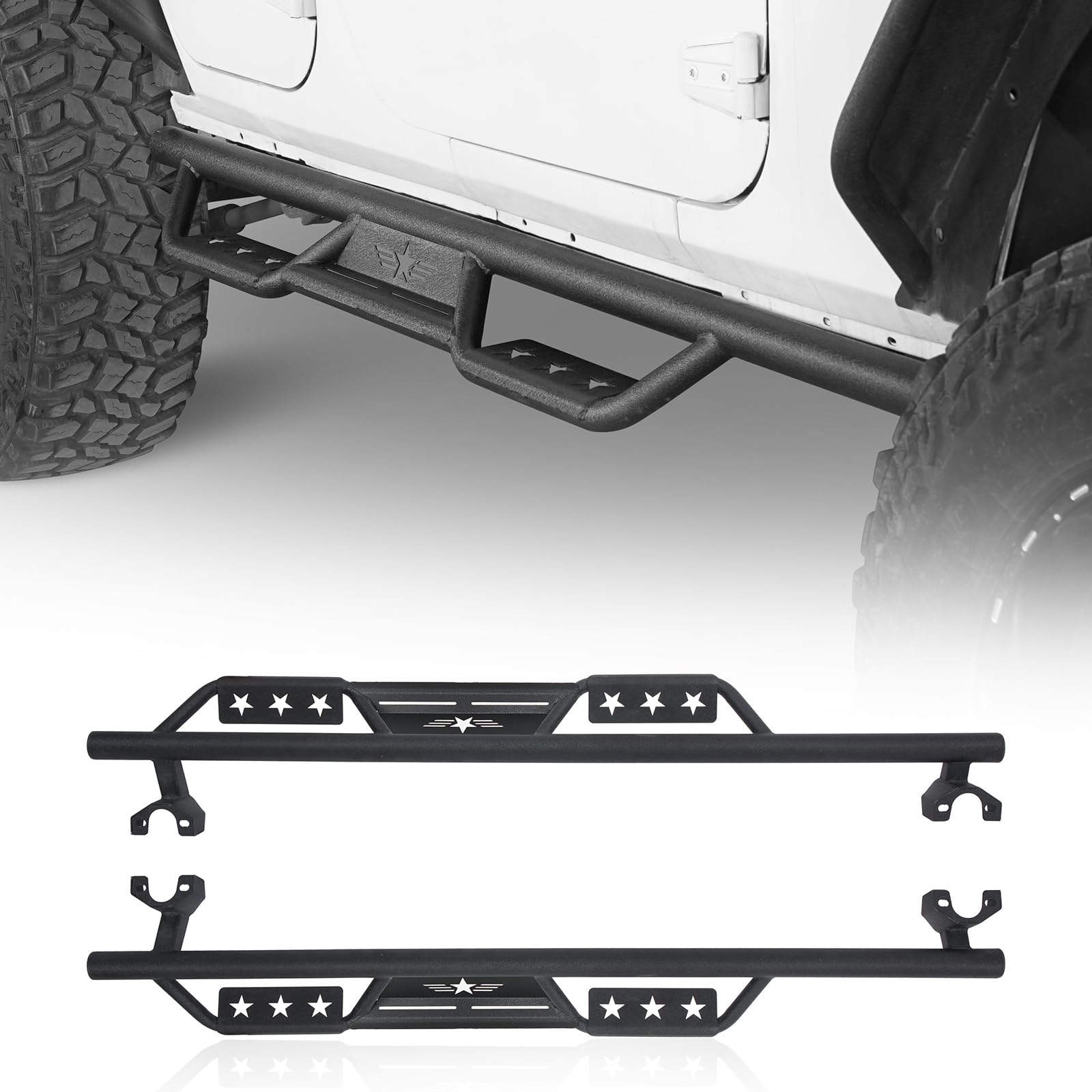 Wrangler Running Board Side Step Bar Rock Slider Rail with Star Opening for Jeep Wrangler JK 4-Door 2007-2018 Unlimited - Off-Road Protection & Easy Access for Adventure