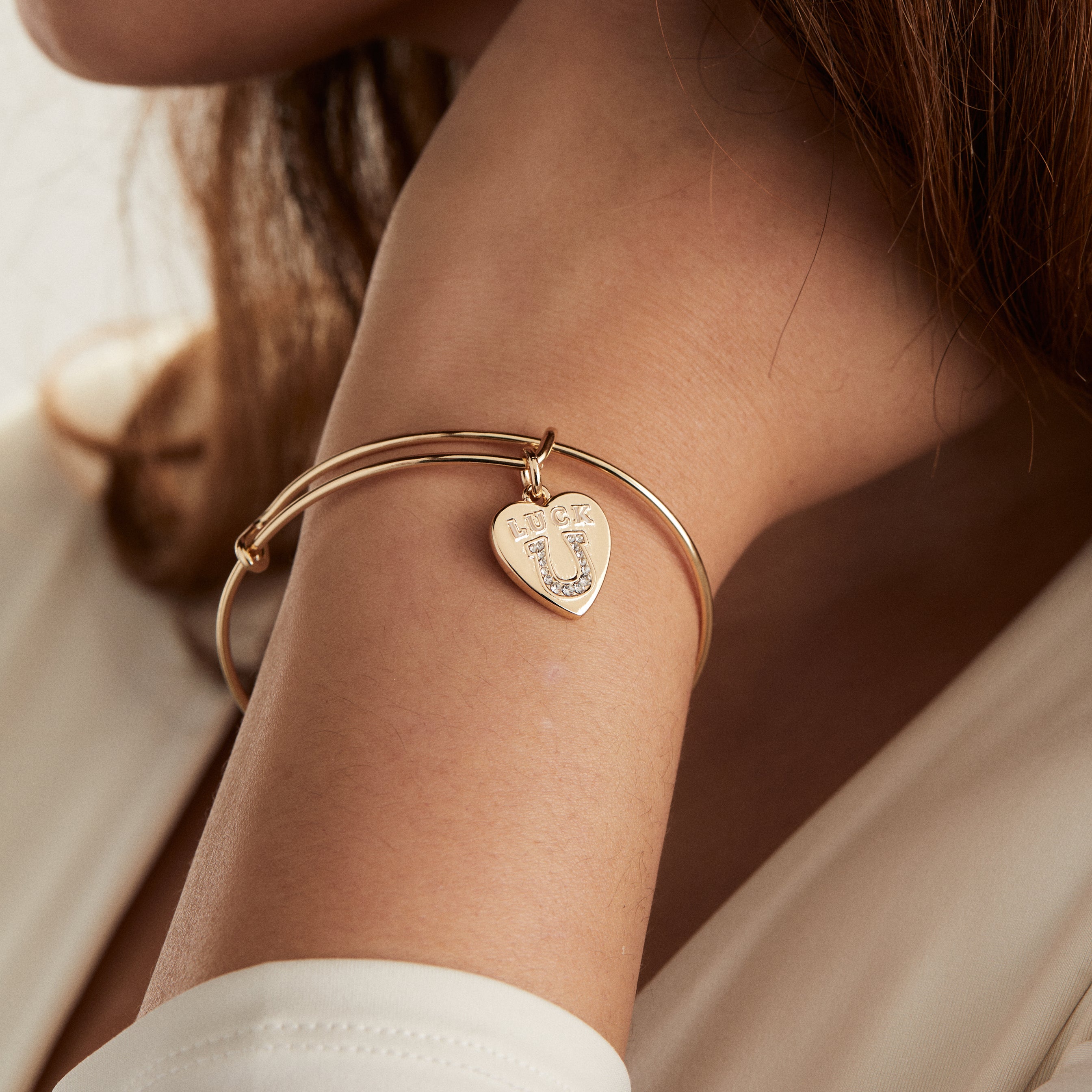 Luck Heart Charm Bangle Bracelet - Elegant Gold Plated Jewelry for Women - Perfect Gift for Valentine's Day, Anniversary & Everyday Wear