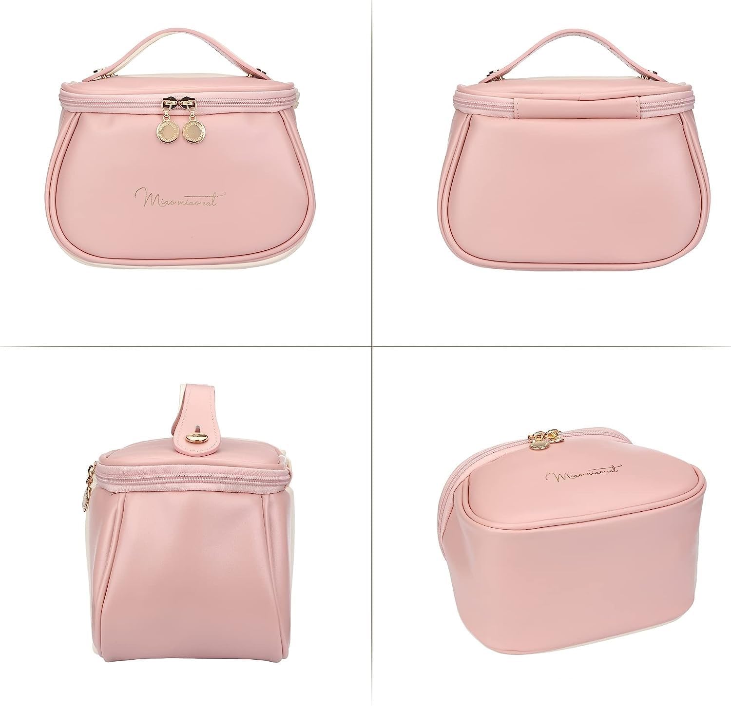 RELEMTRA Women's Leather Cosmetic Travel Bag - Portable Makeup Organizer with Handle & Divider, Wide Opening Cute Pink Makeup Storage Bag for Travel, Gym, Work & Daily Use