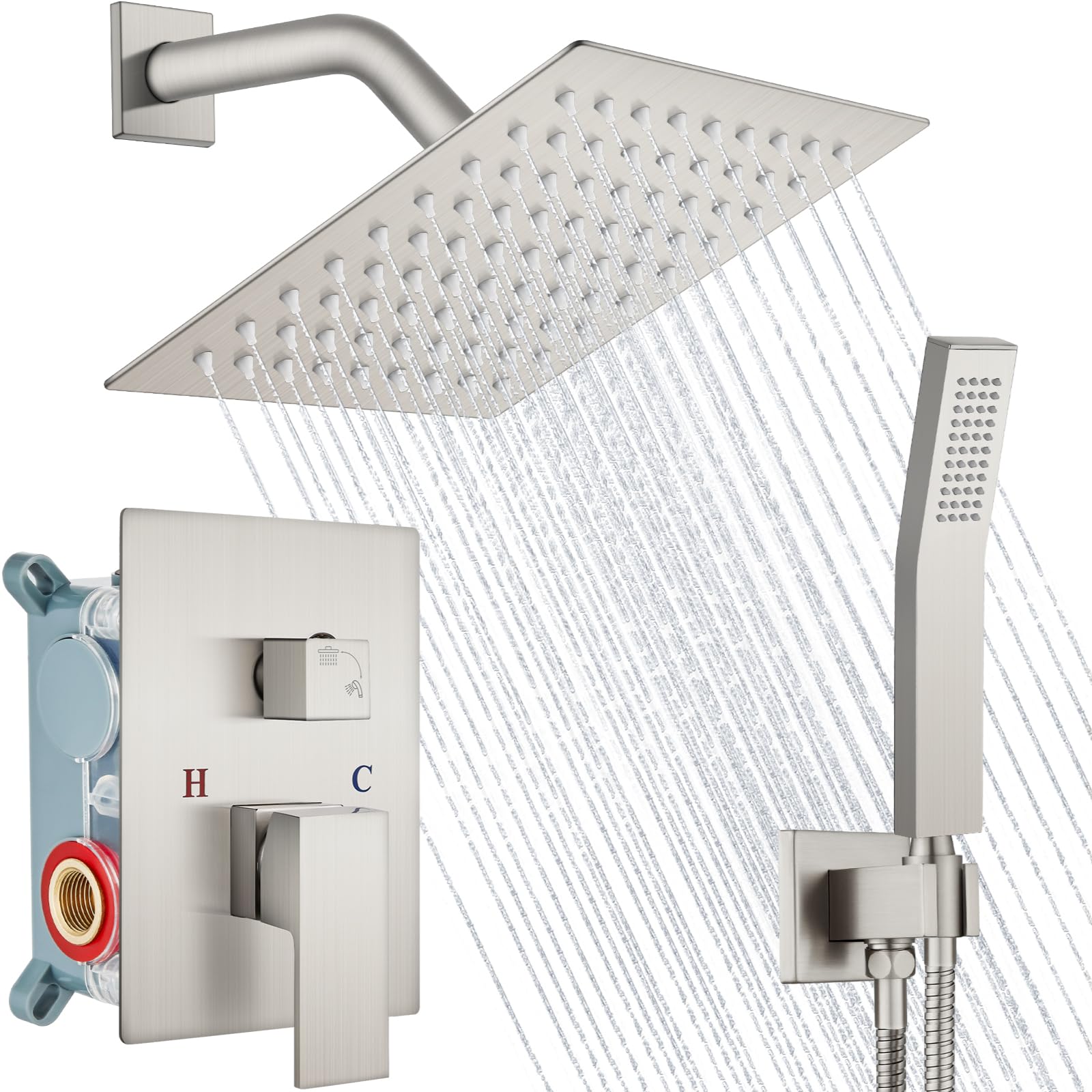 Midanya 8 Inch Square Rainfall Shower System - Brushed Nickel Wall Mount Shower Faucet Set with Hand Sprayer, Rough-in Valve & Trim Kit - Luxury Bathroom Mixer Combo for Spa-Like Experience